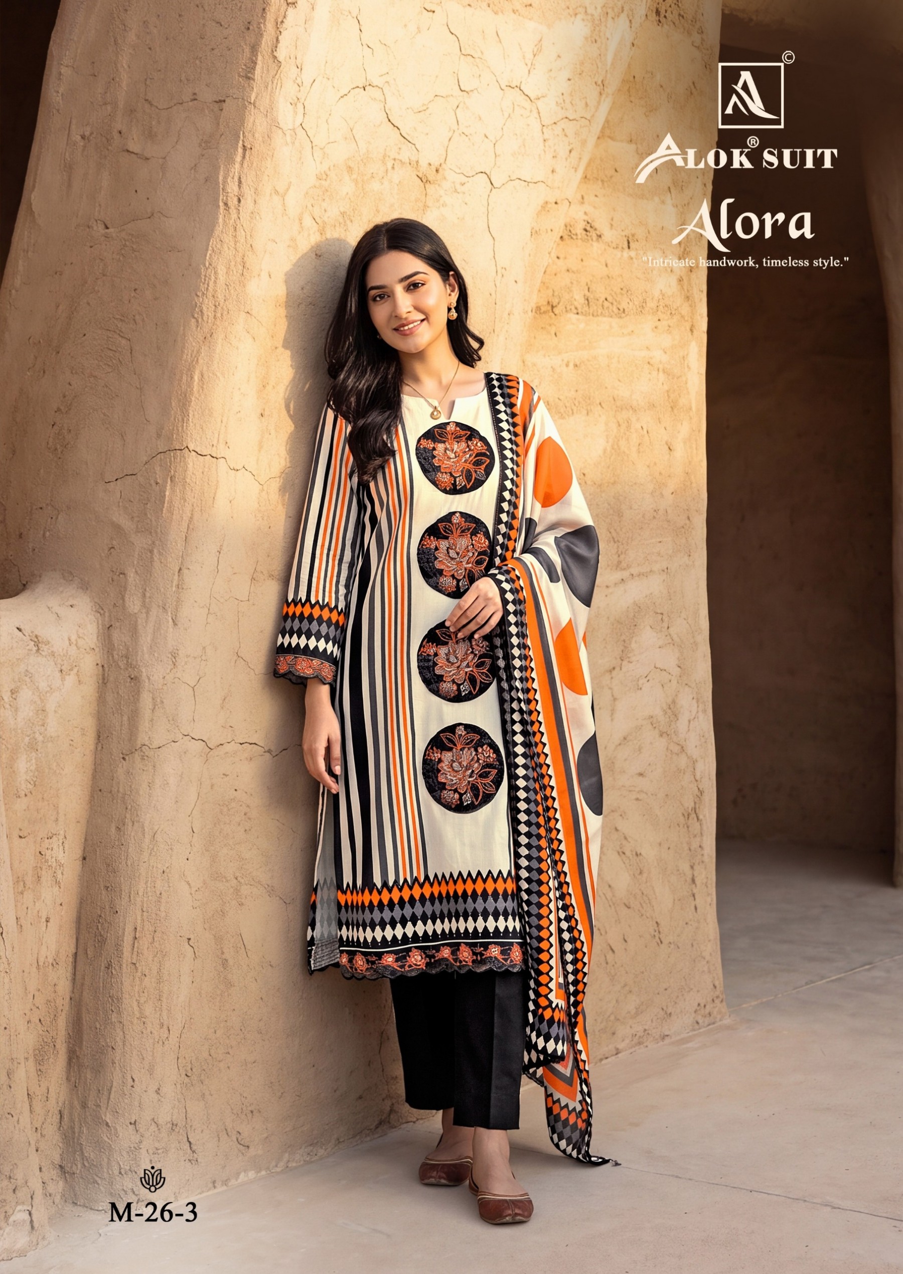 Shop ALORA by ALOK SUIT with Viscose Maslin designer print top, patch work embroidery and hand work, Viscose Rayon bottom and printed dupatta.