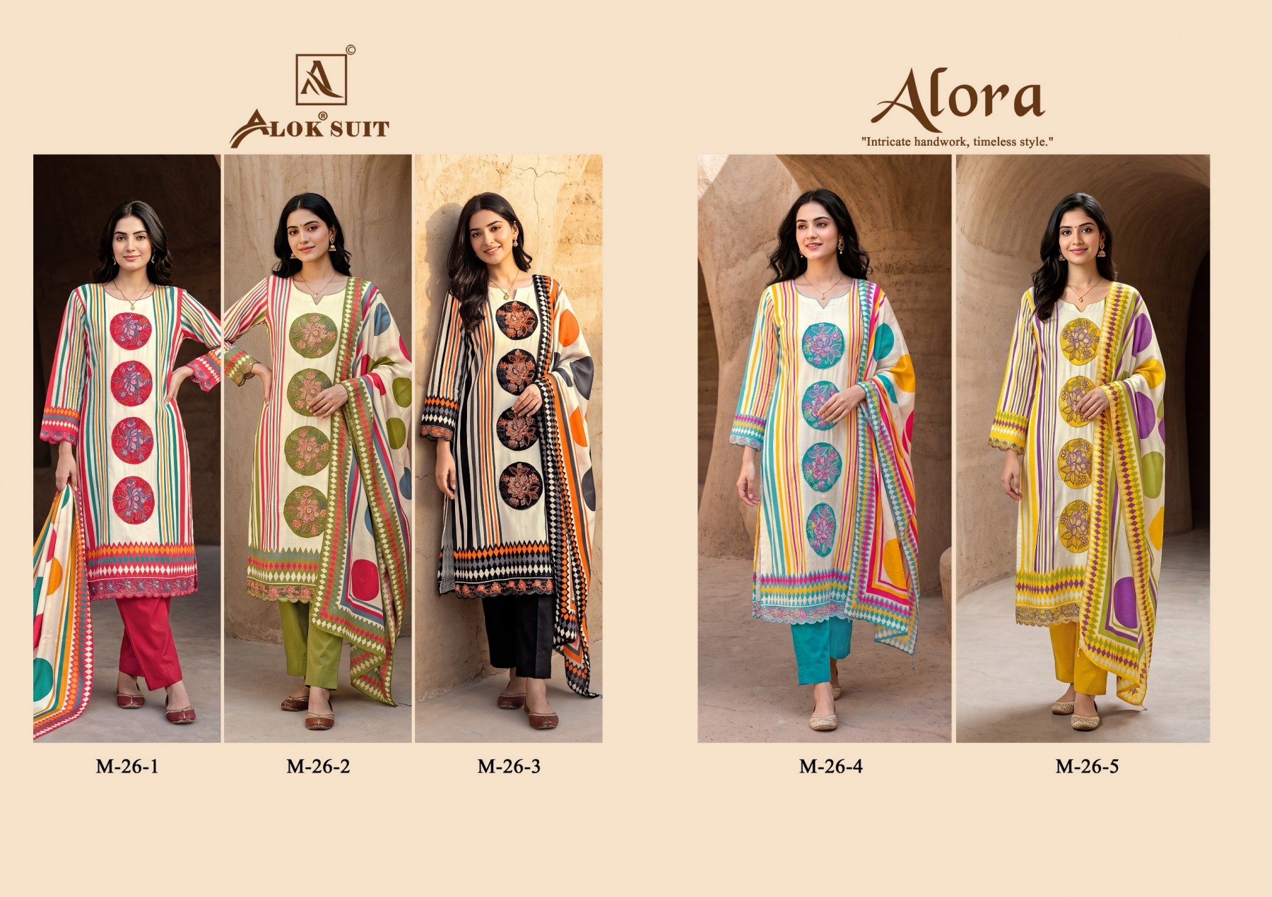 Shop ALORA by ALOK SUIT with Viscose Maslin designer print top, patch work embroidery and hand work, Viscose Rayon bottom and printed dupatta.