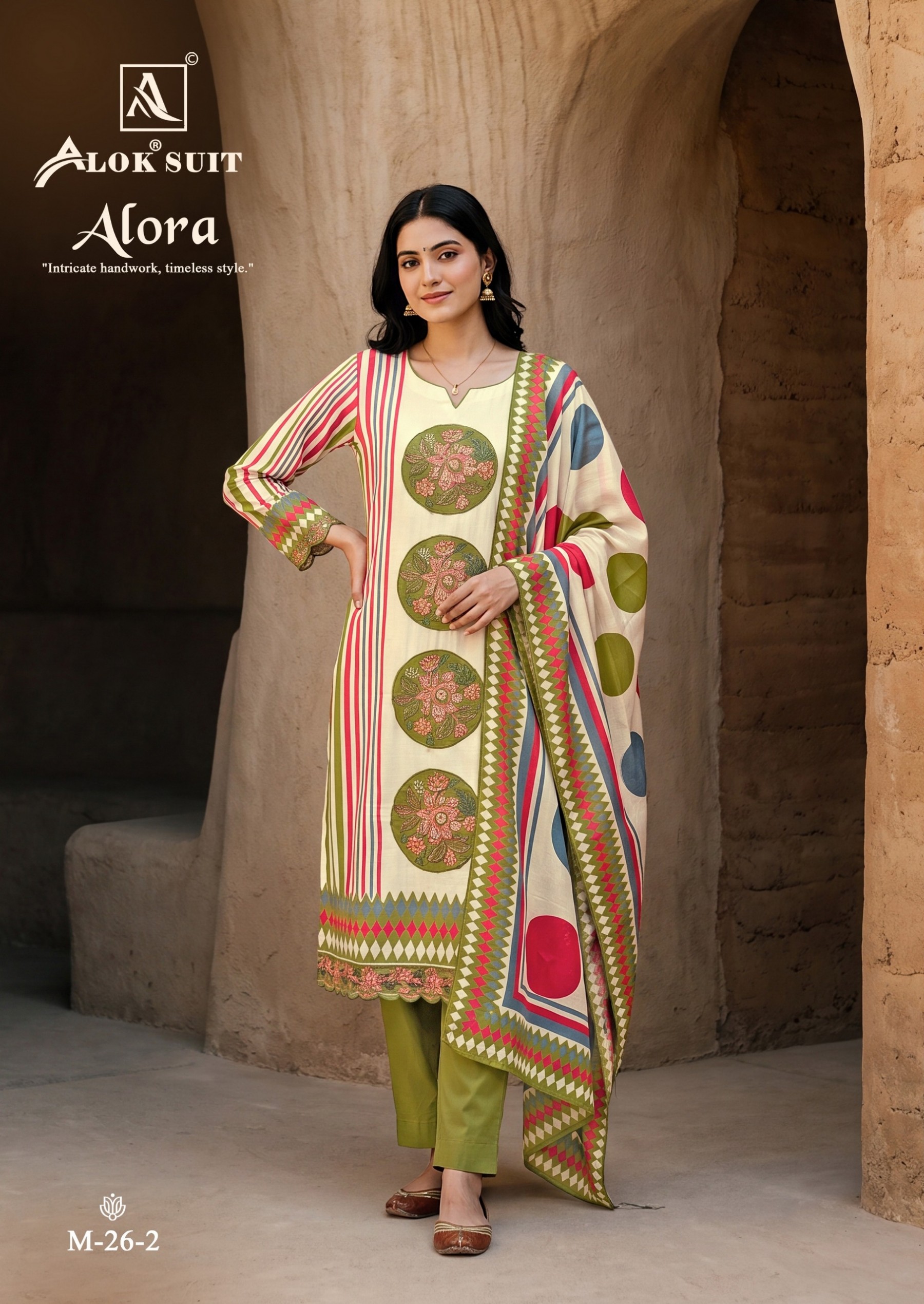 Shop ALORA by ALOK SUIT with Viscose Maslin designer print top, patch work embroidery and hand work, Viscose Rayon bottom and printed dupatta.