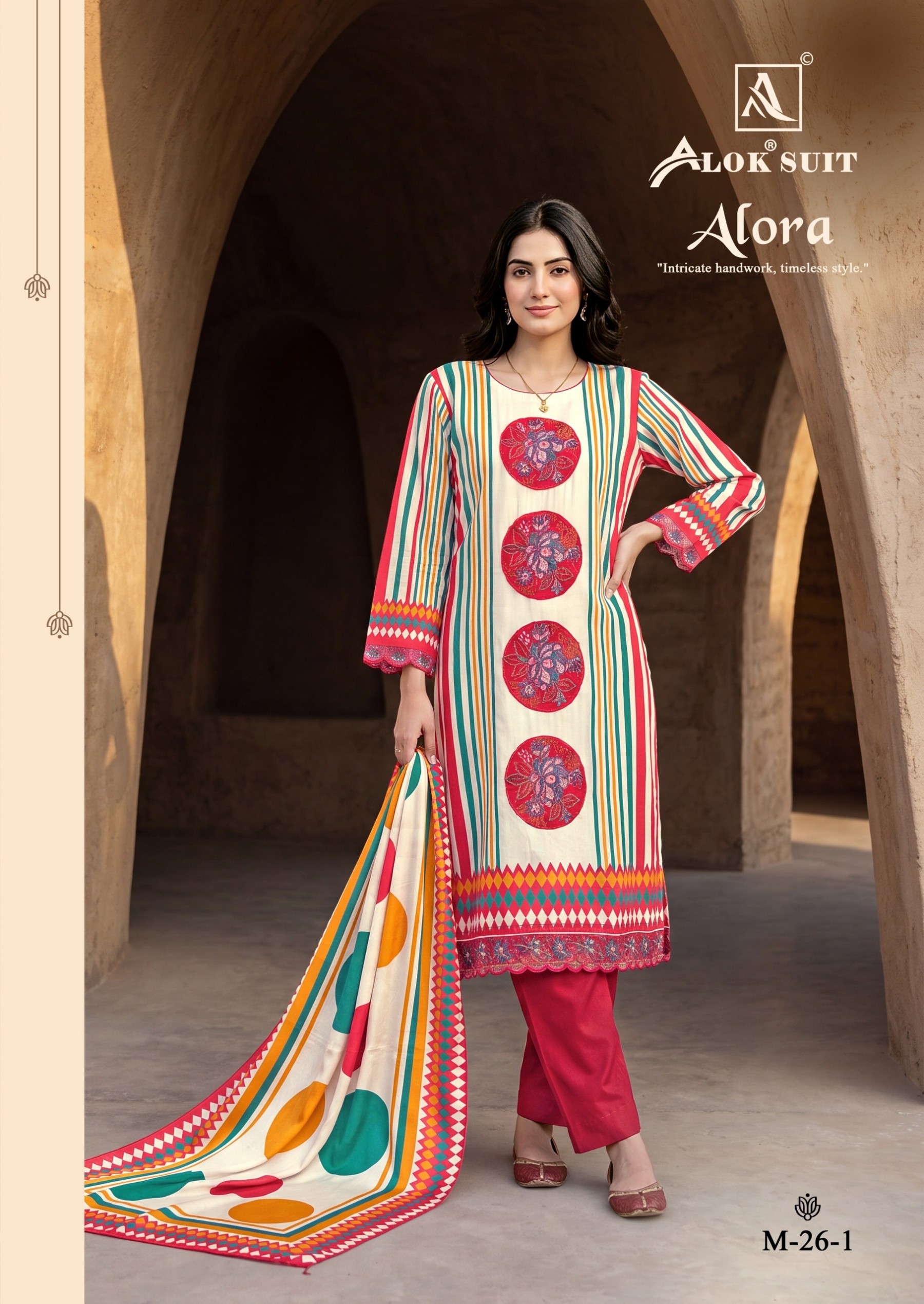 Shop ALORA by ALOK SUIT with Viscose Maslin designer print top, patch work embroidery and hand work, Viscose Rayon bottom and printed dupatta.