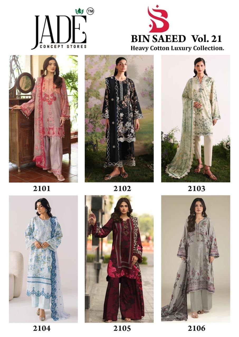 Shop BIN SAEED Exclusive Heavy Cotton Collection Vol. 21 with Pure Heavy Cotton Top & Bottom, Pure Cotton Dupatta, 6 designs and exclusive bag packing.