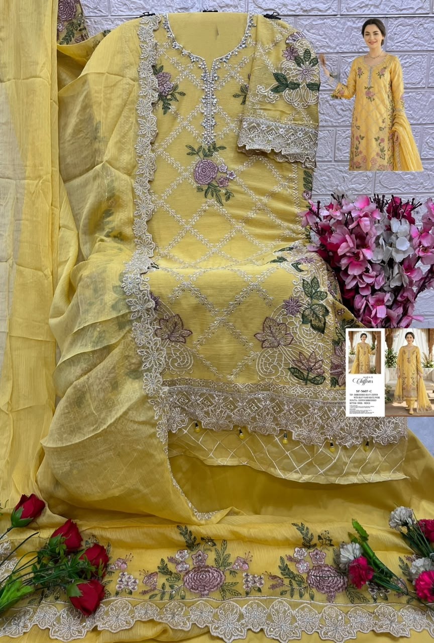 SF 5639 Heavy Chiffon Hand Khatli, Jarkan & Latkan Embroidered Pakistani Suit Single Pis Wholesale Price 