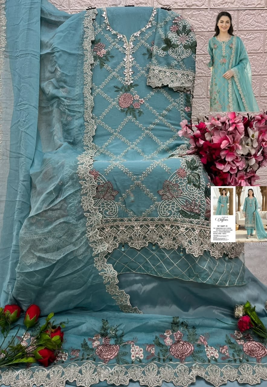 SF 5639 Heavy Chiffon Hand Khatli, Jarkan & Latkan Embroidered Pakistani Suit Single Pis Wholesale Price 