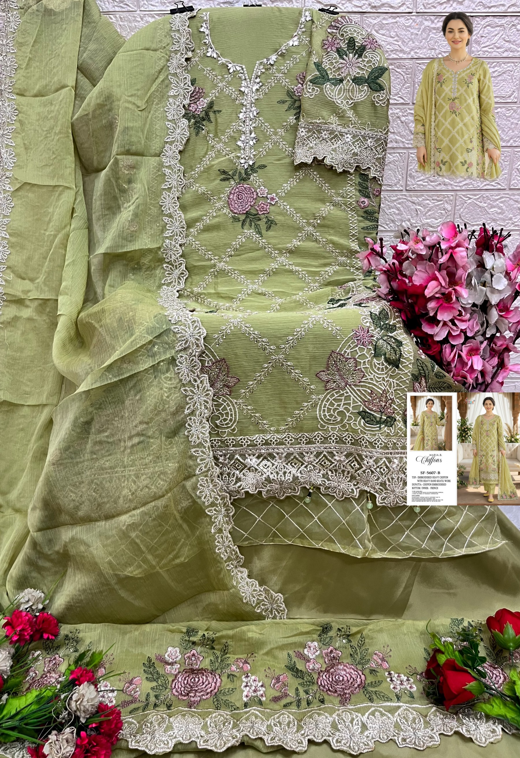 SF 5639 Heavy Chiffon Hand Khatli, Jarkan & Latkan Embroidered Pakistani Suit Single Pis Wholesale Price 