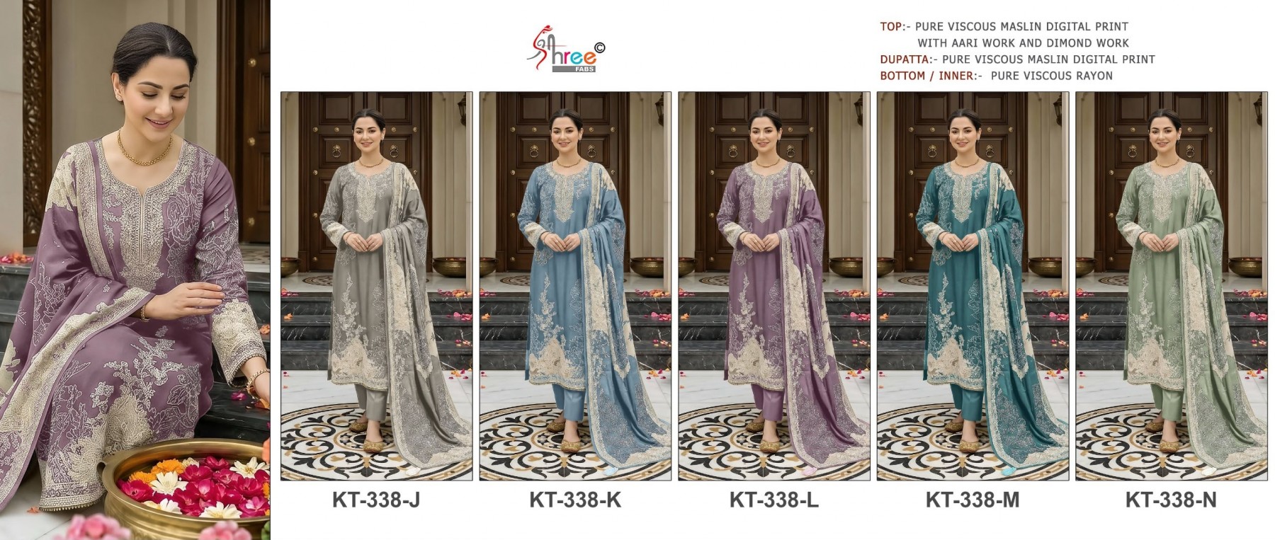 Shop KT-338 Pure Viscose Maslin Suit with digital print and hand-work Top, Pure Viscose Rayon Bottom and matching Maslin Dupatta at ₹1,200/-.