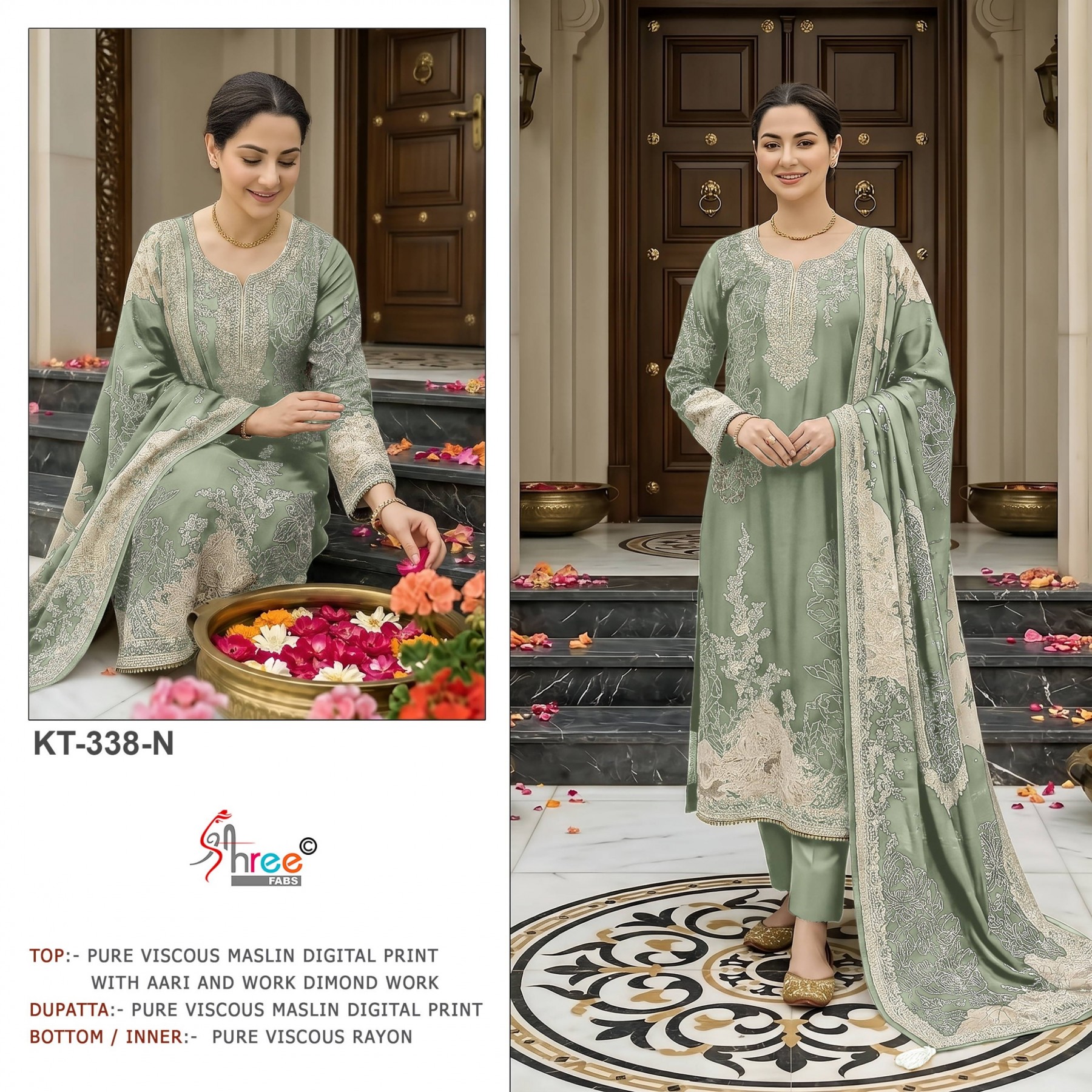 Shop KT-338 Pure Viscose Maslin Suit with digital print and hand-work Top, Pure Viscose Rayon Bottom and matching Maslin Dupatta at ₹1,200/-.
