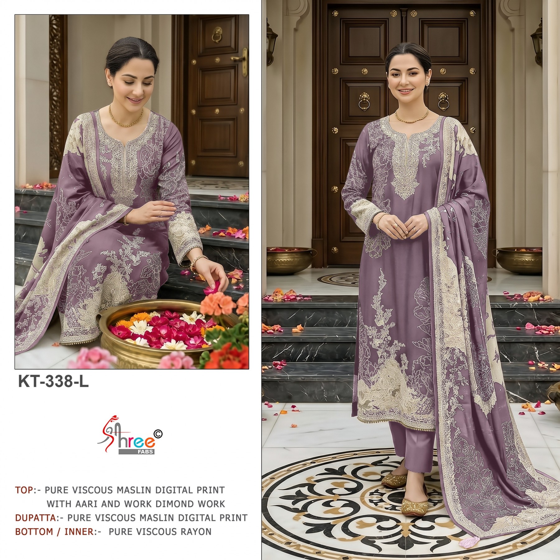Shop KT-338 Pure Viscose Maslin Suit with digital print and hand-work Top, Pure Viscose Rayon Bottom and matching Maslin Dupatta at ₹1,200/-.
