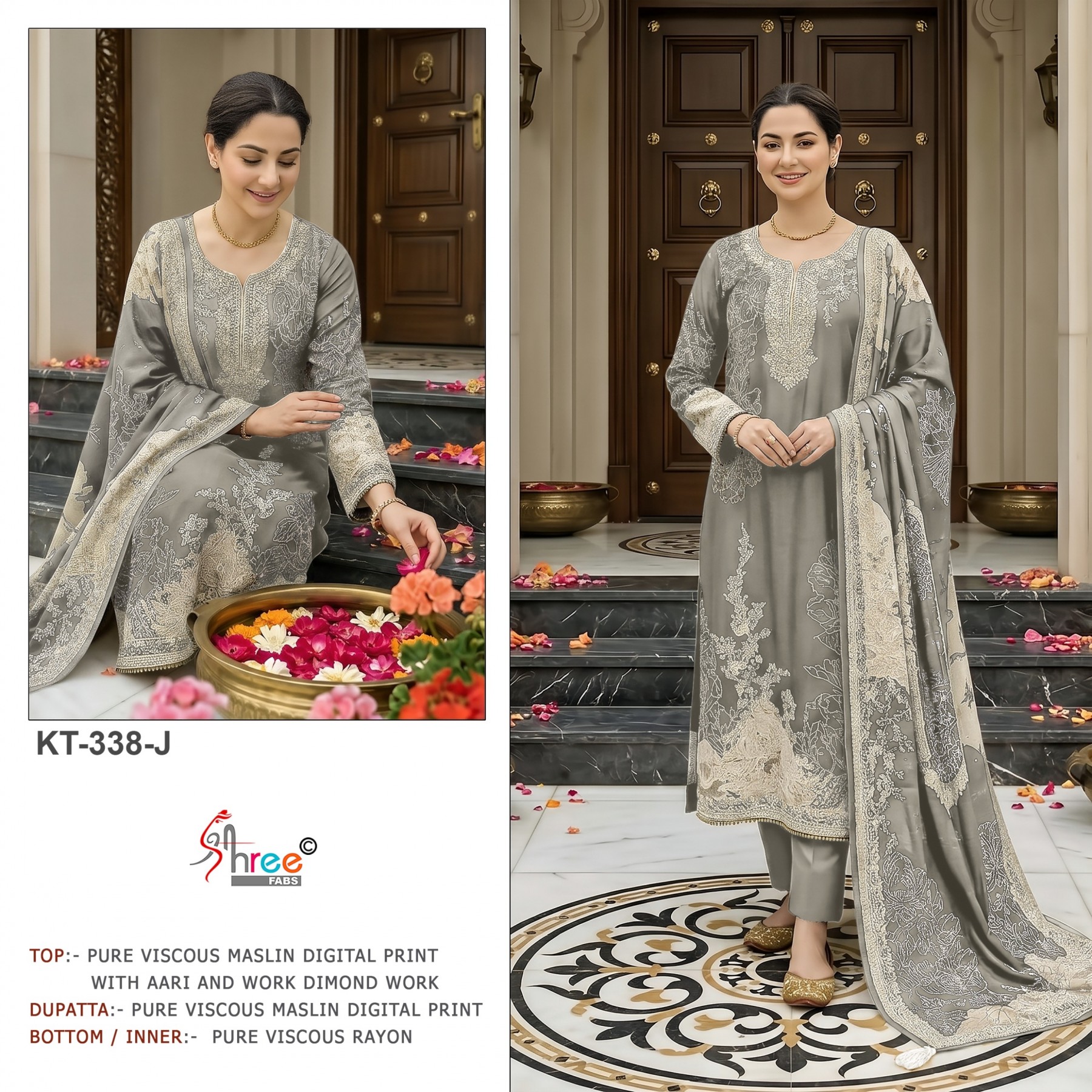 Shop KT-338 Pure Viscose Maslin Suit with digital print and hand-work Top, Pure Viscose Rayon Bottom and matching Maslin Dupatta at ₹1,200/-.