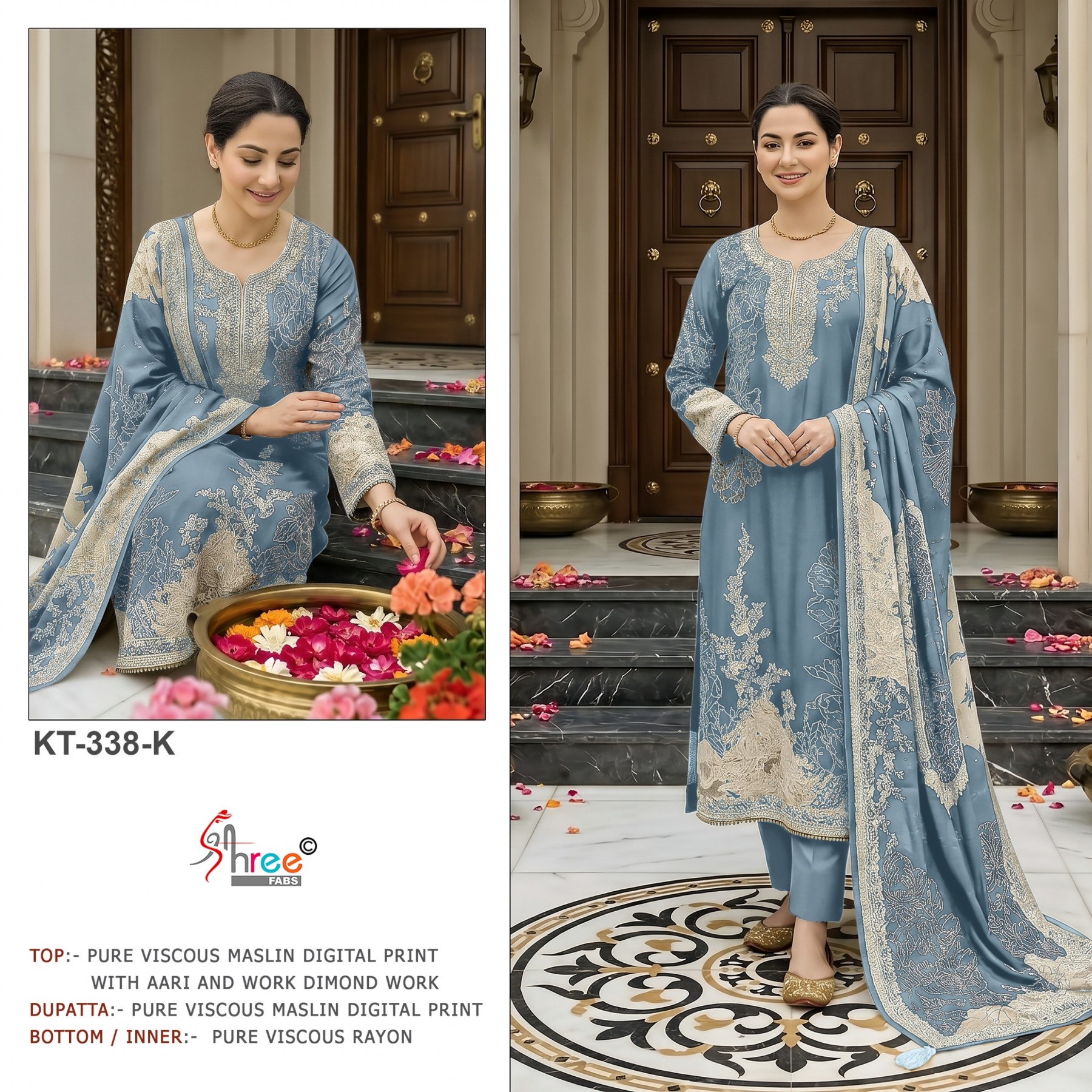 Shop KT-338 Pure Viscose Maslin Suit with digital print and hand-work Top, Pure Viscose Rayon Bottom and matching Maslin Dupatta at ₹1,200/-.