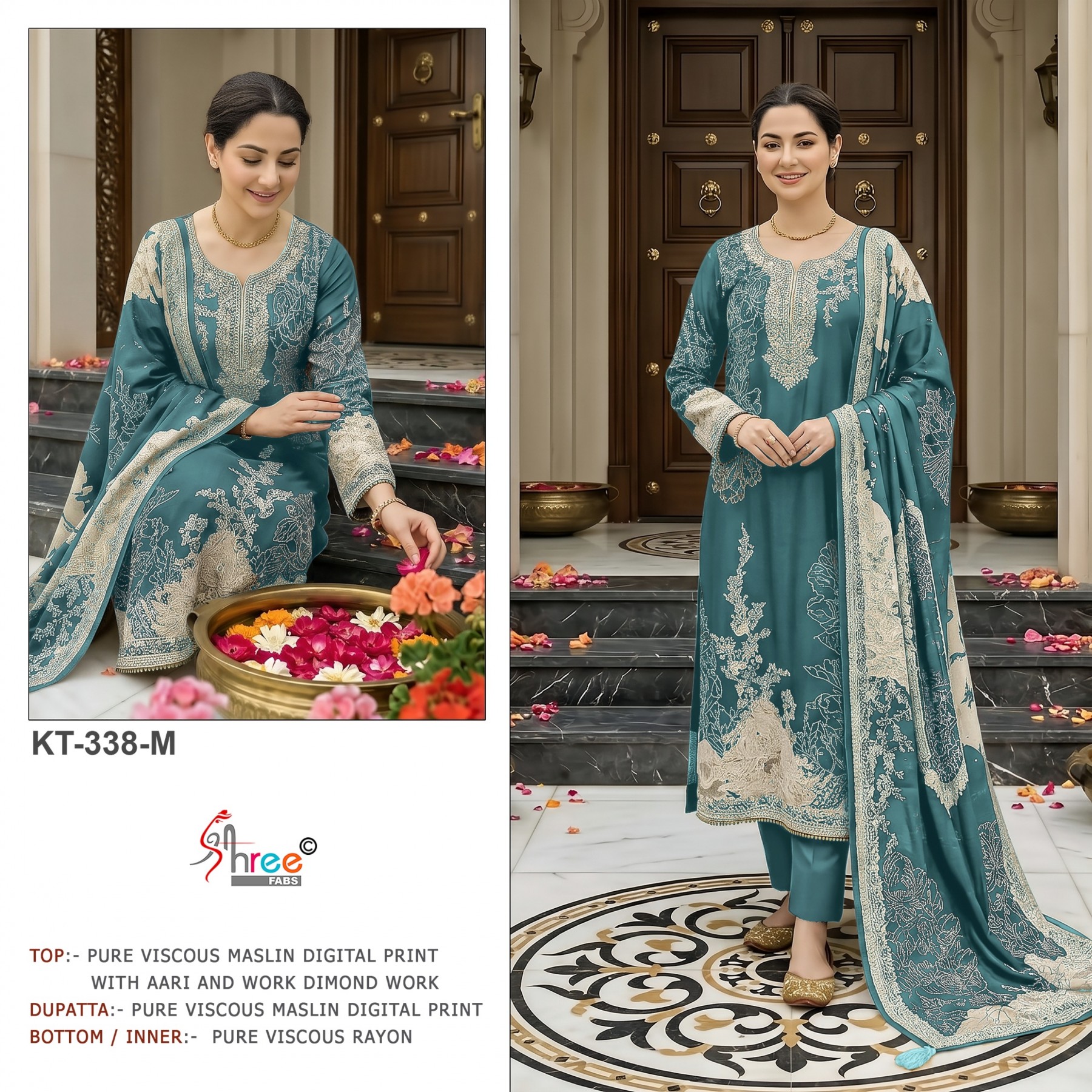 Shop KT-338 Pure Viscose Maslin Suit with digital print and hand-work Top, Pure Viscose Rayon Bottom and matching Maslin Dupatta at ₹1,200/-.