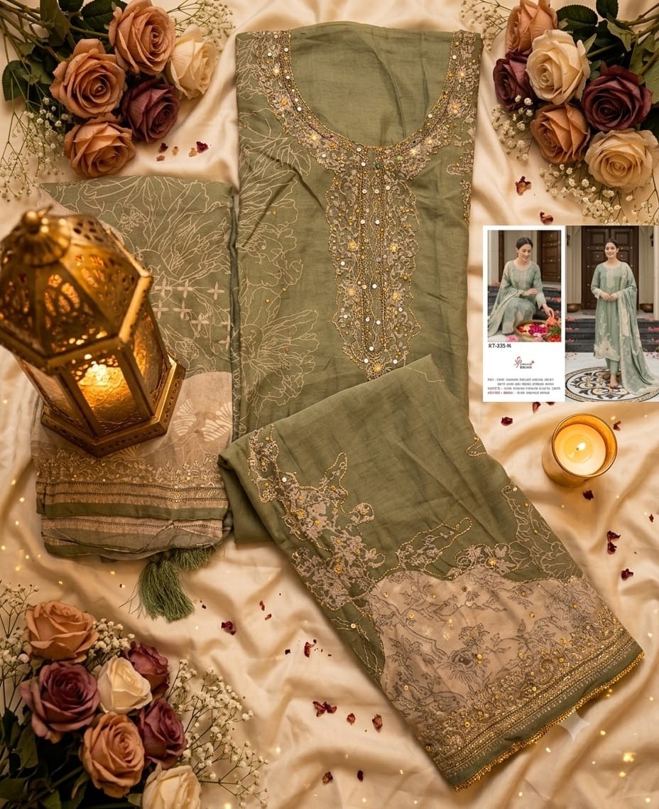 Shop KT-338 Pure Viscose Maslin Suit with digital print and hand-work Top, Pure Viscose Rayon Bottom and matching Maslin Dupatta at ₹1,200/-.
