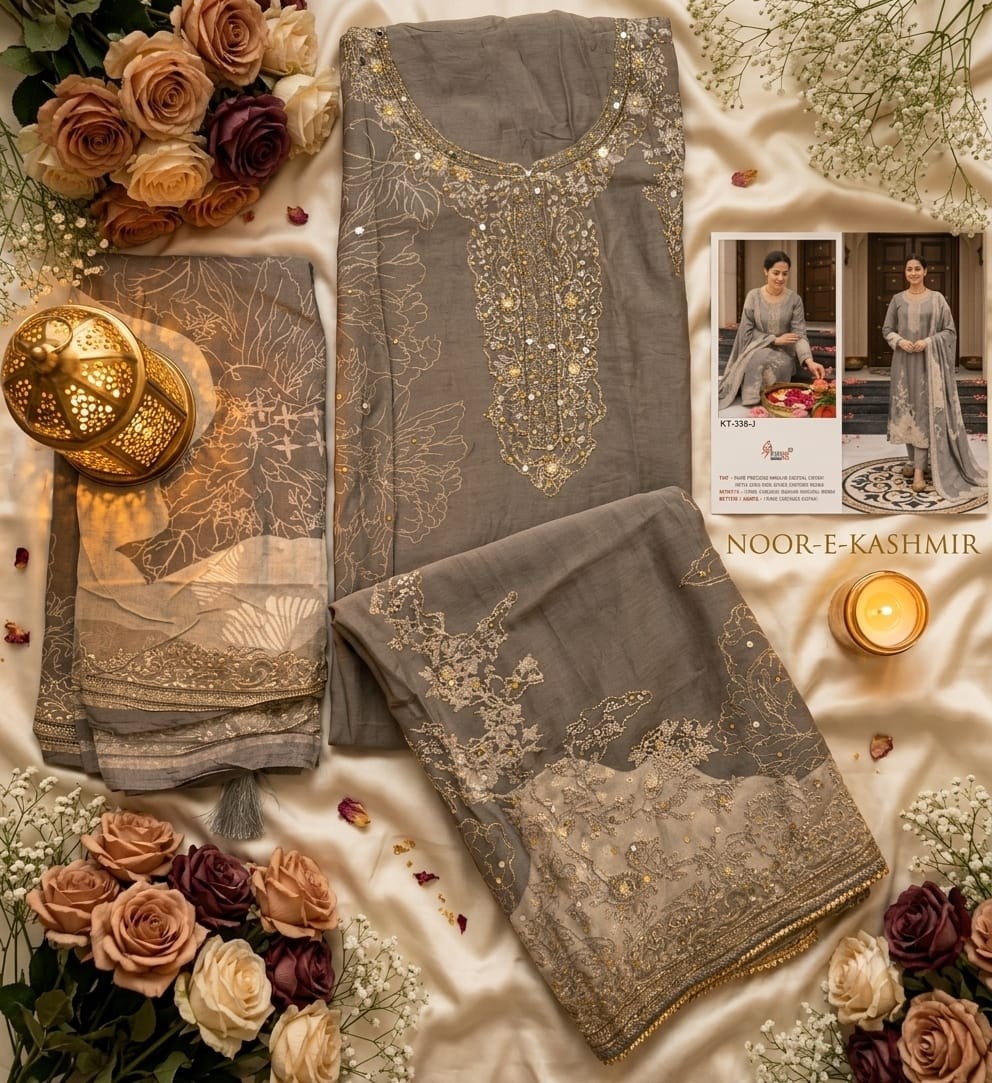 Shop KT-338 Pure Viscose Maslin Suit with digital print and hand-work Top, Pure Viscose Rayon Bottom and matching Maslin Dupatta at ₹1,200/-.