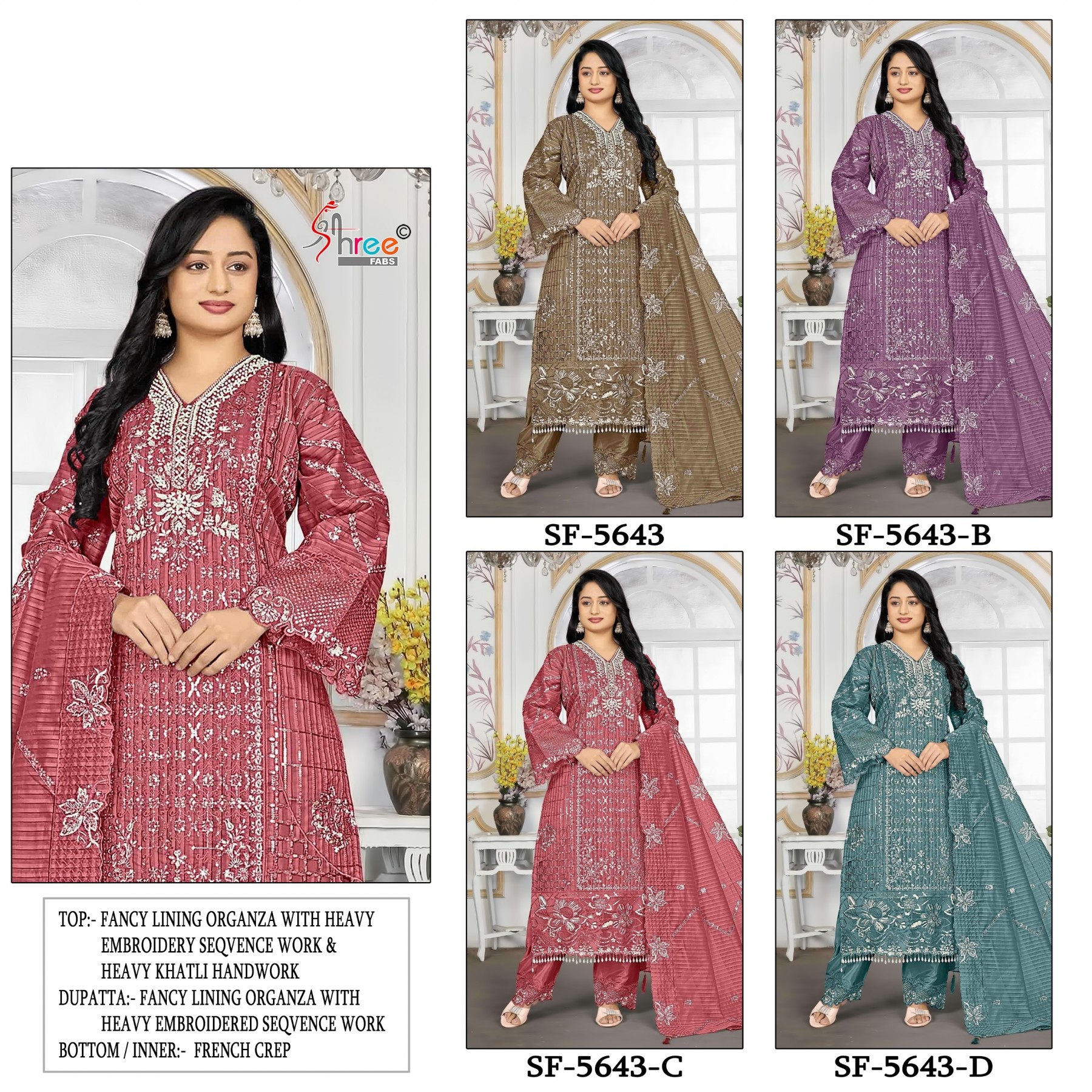 Shop SF-5643 Fancy Lining Organza Suit with heavy embroidery, Hand Khatli, Cut Work and Latkan detailing, French Silk bottom and embroidered dupatta at ₹1,750/-.