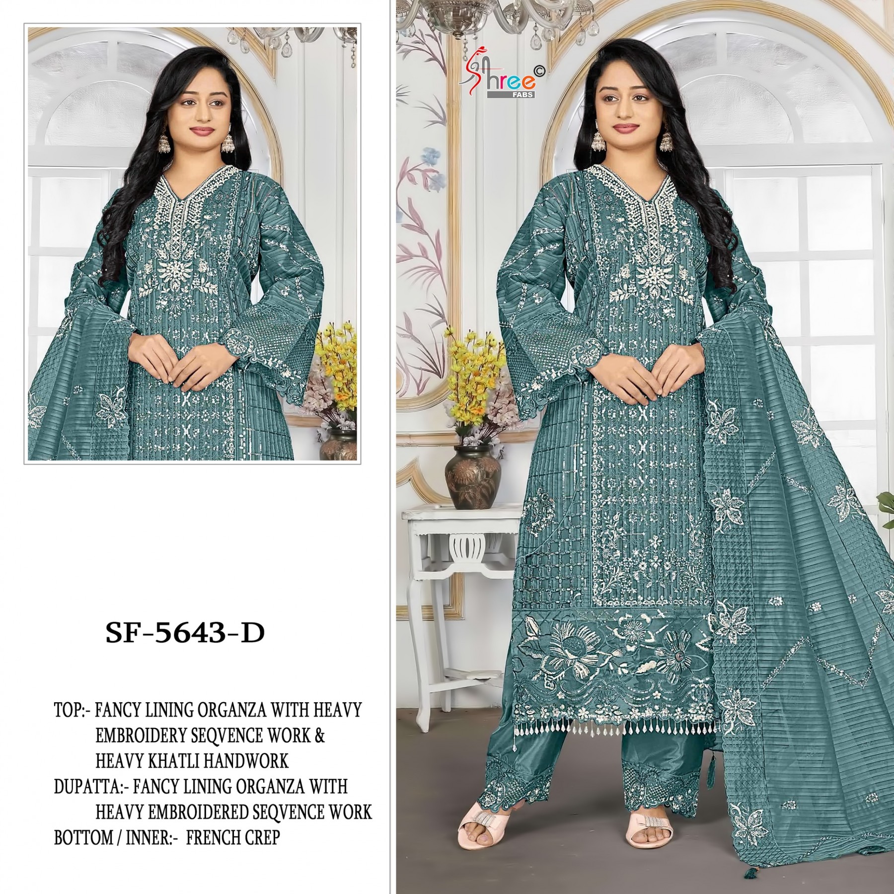 Shop SF-5643 Fancy Lining Organza Suit with heavy embroidery, Hand Khatli, Cut Work and Latkan detailing, French Silk bottom and embroidered dupatta at ₹1,750/-.