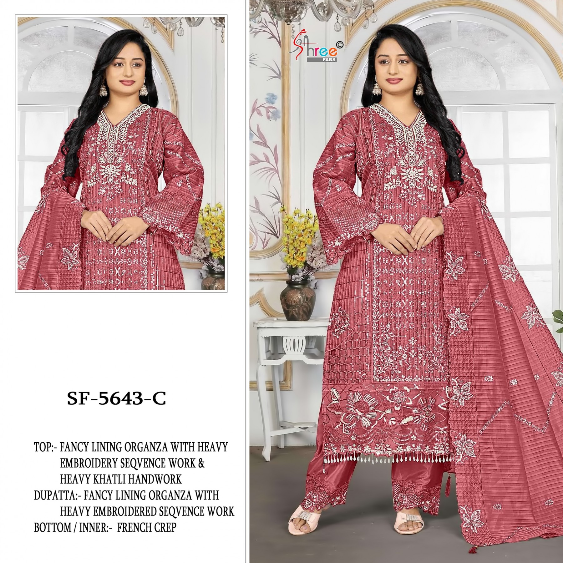 Shop SF-5643 Fancy Lining Organza Suit with heavy embroidery, Hand Khatli, Cut Work and Latkan detailing, French Silk bottom and embroidered dupatta at ₹1,750/-.