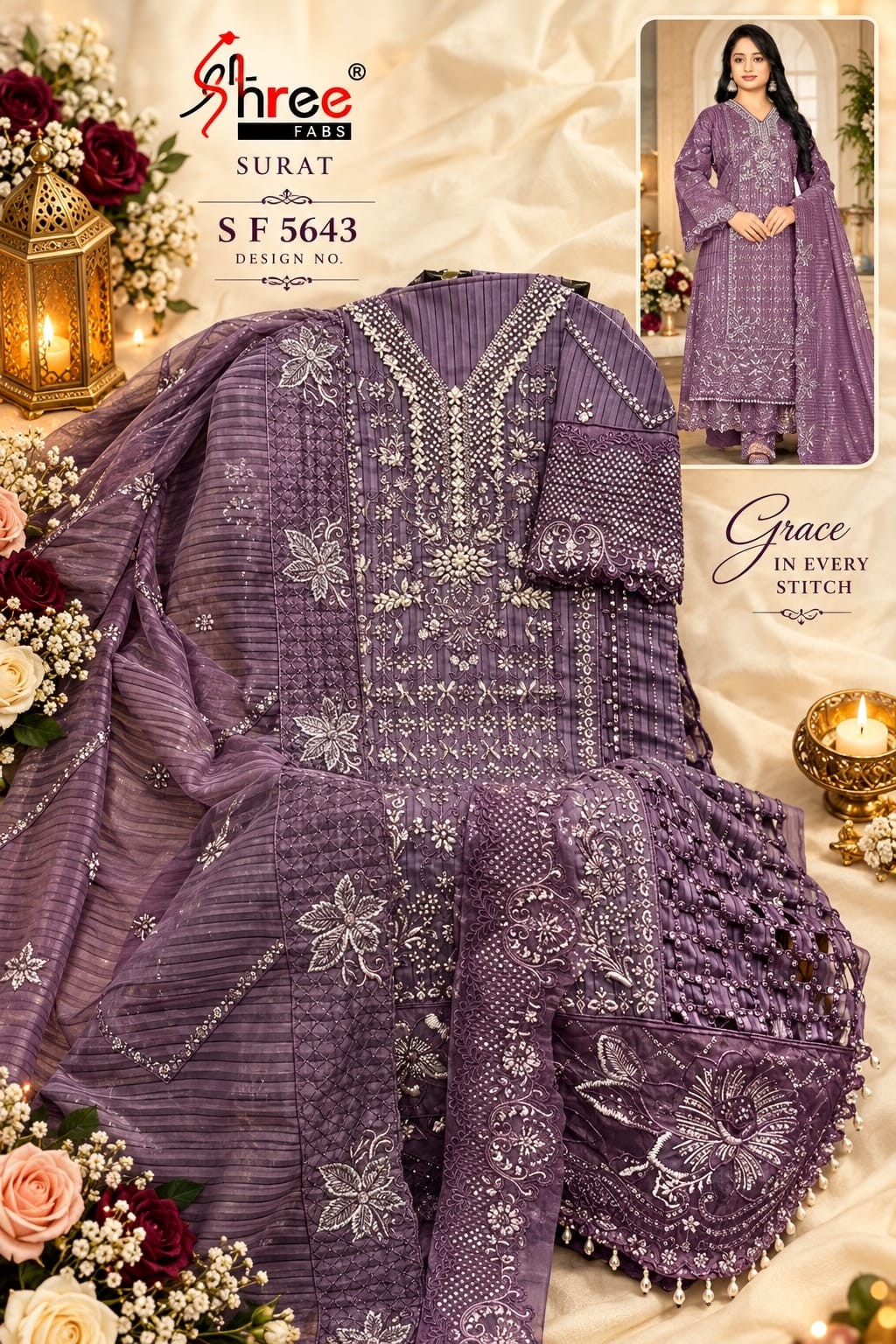 Shop SF-5643 Fancy Lining Organza Suit with heavy embroidery, Hand Khatli, Cut Work and Latkan detailing, French Silk bottom and embroidered dupatta at ₹1,750/-.