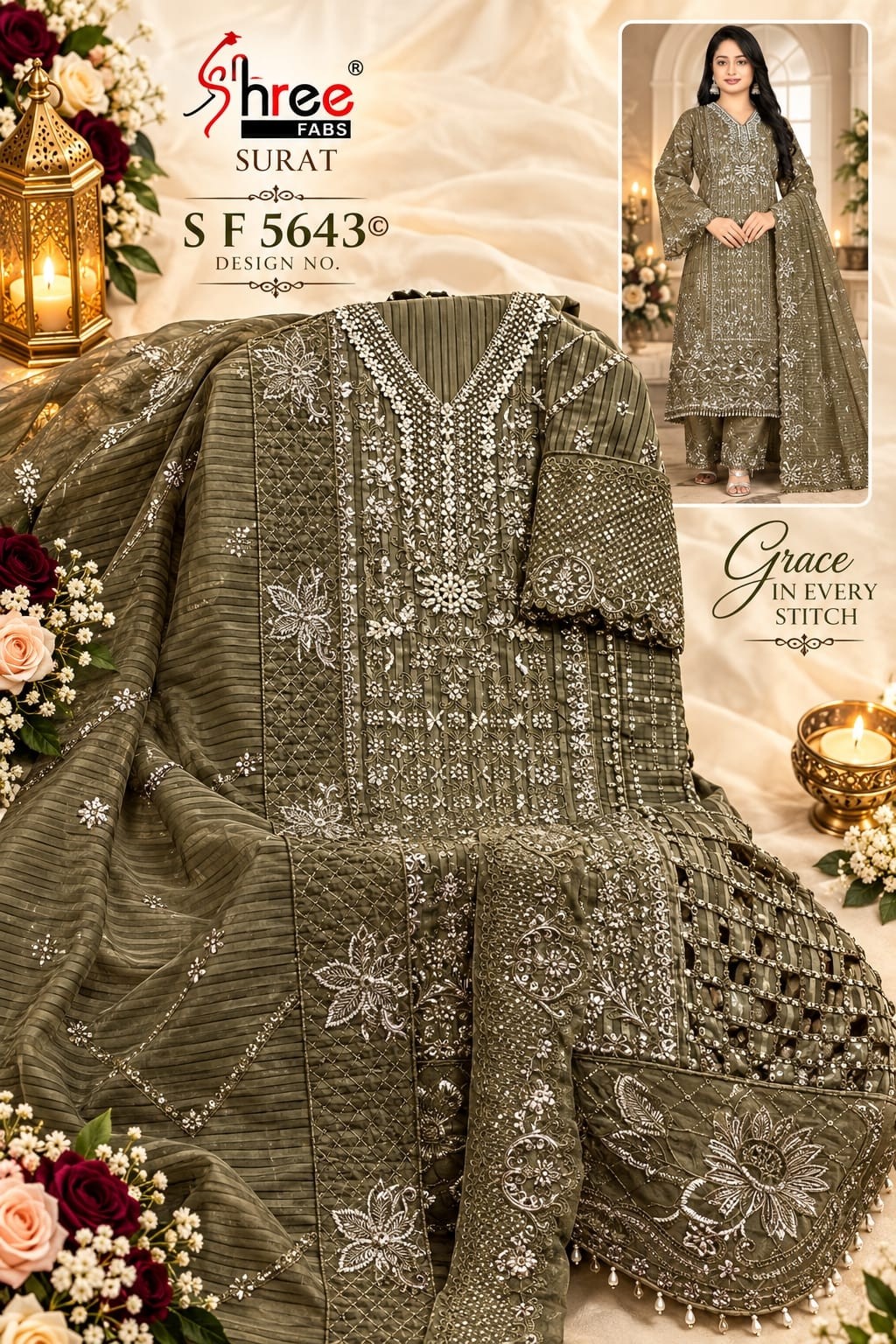 Shop SF-5643 Fancy Lining Organza Suit with heavy embroidery, Hand Khatli, Cut Work and Latkan detailing, French Silk bottom and embroidered dupatta at ₹1,750/-.