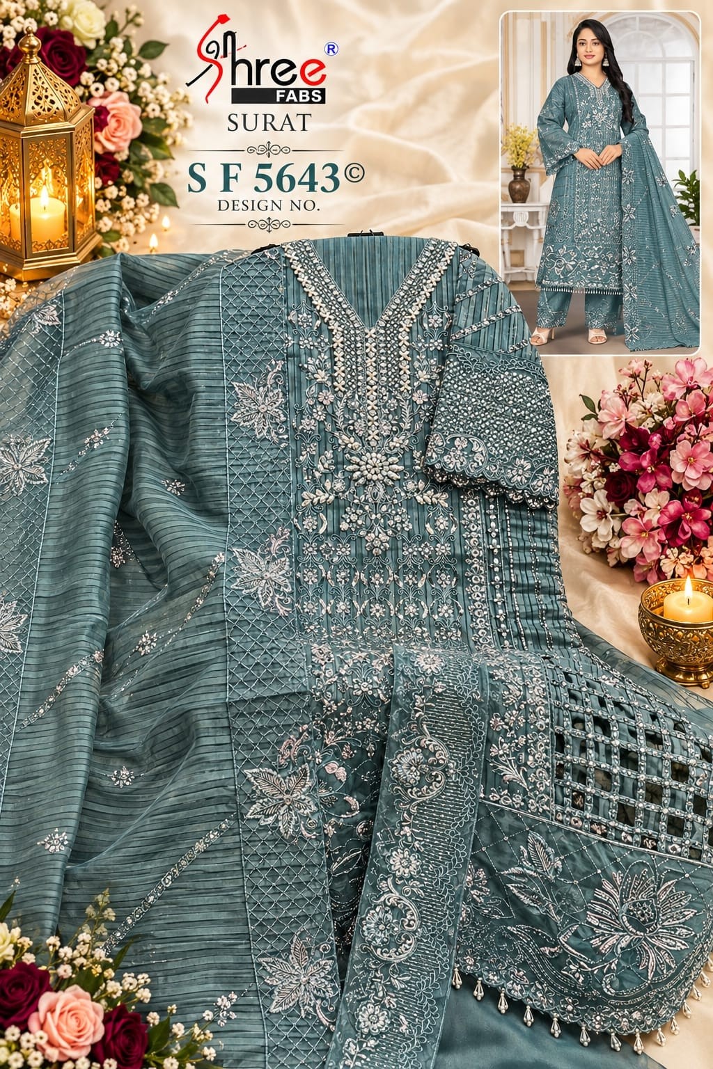 Shop SF-5643 Fancy Lining Organza Suit with heavy embroidery, Hand Khatli, Cut Work and Latkan detailing, French Silk bottom and embroidered dupatta at ₹1,750/-.