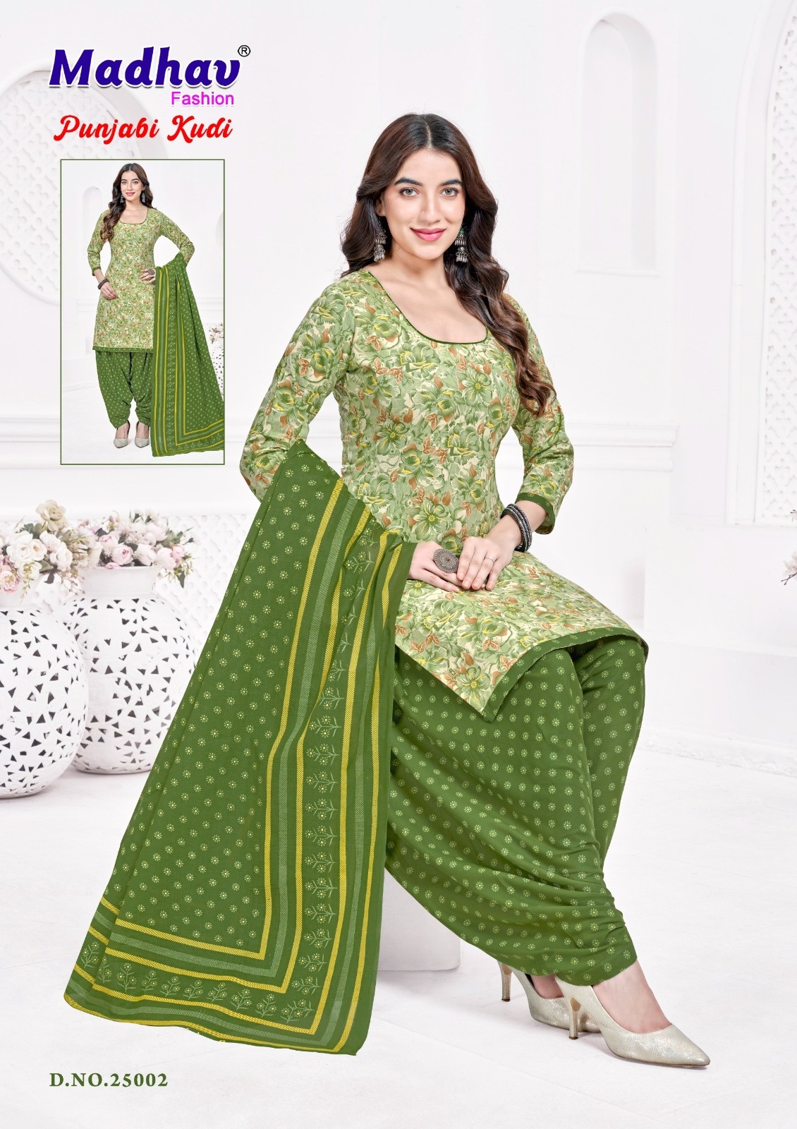 Shop Madhav Fashion Punjabi Kudi Vol 25, a 160 Gram Heavy Quality cotton collection with 2m Top, 2.35m Bottom and 2.25m Dupatta at ₹400/-.