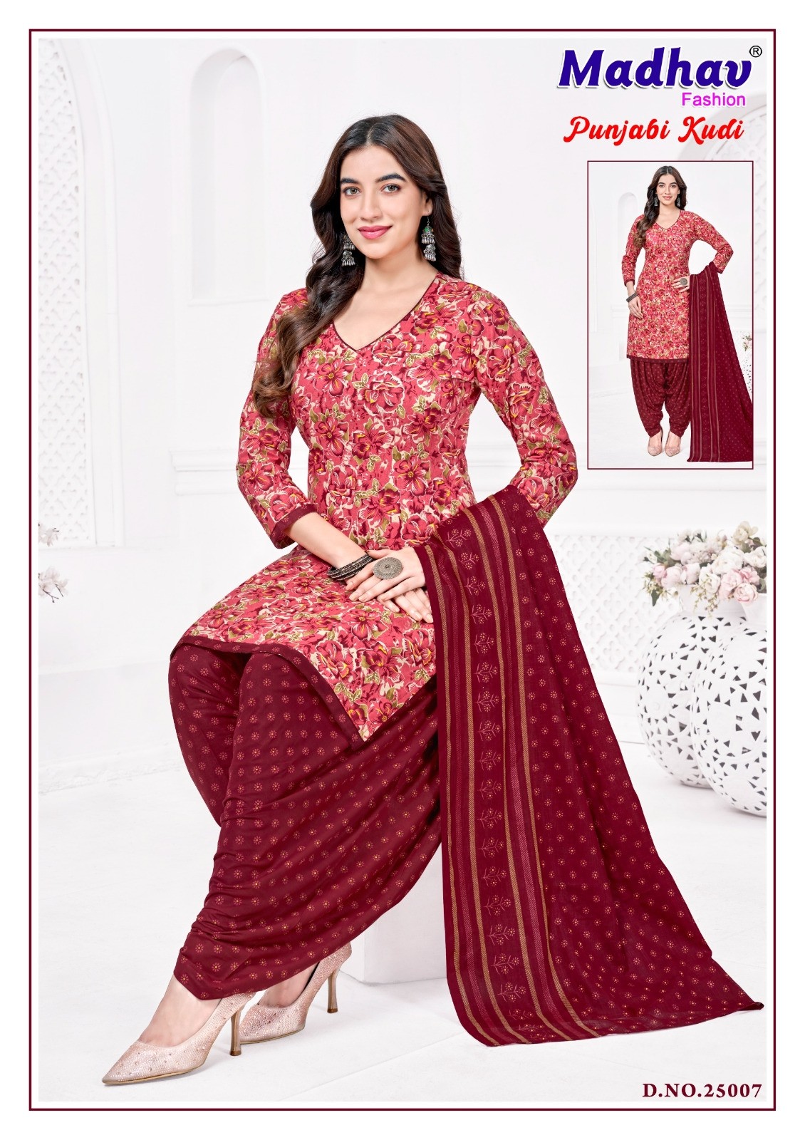 Shop Madhav Fashion Punjabi Kudi Vol 25, a 160 Gram Heavy Quality cotton collection with 2m Top, 2.35m Bottom and 2.25m Dupatta at ₹400/-.