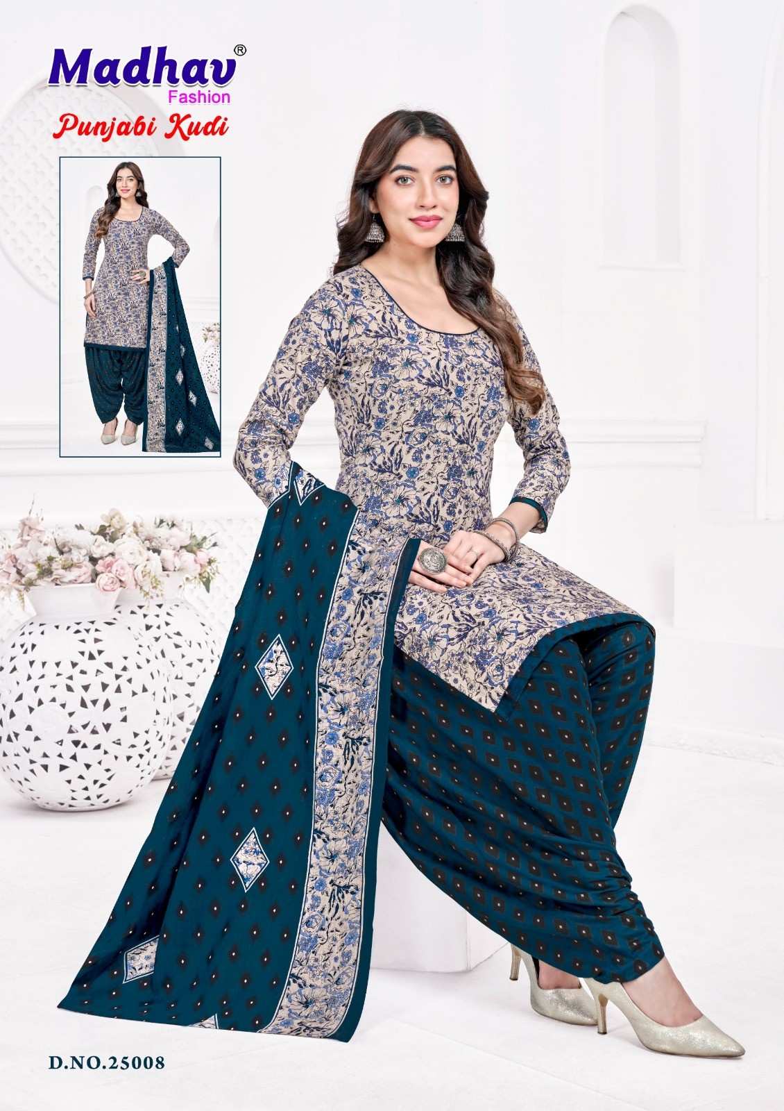 Shop Madhav Fashion Punjabi Kudi Vol 25, a 160 Gram Heavy Quality cotton collection with 2m Top, 2.35m Bottom and 2.25m Dupatta at ₹400/-.