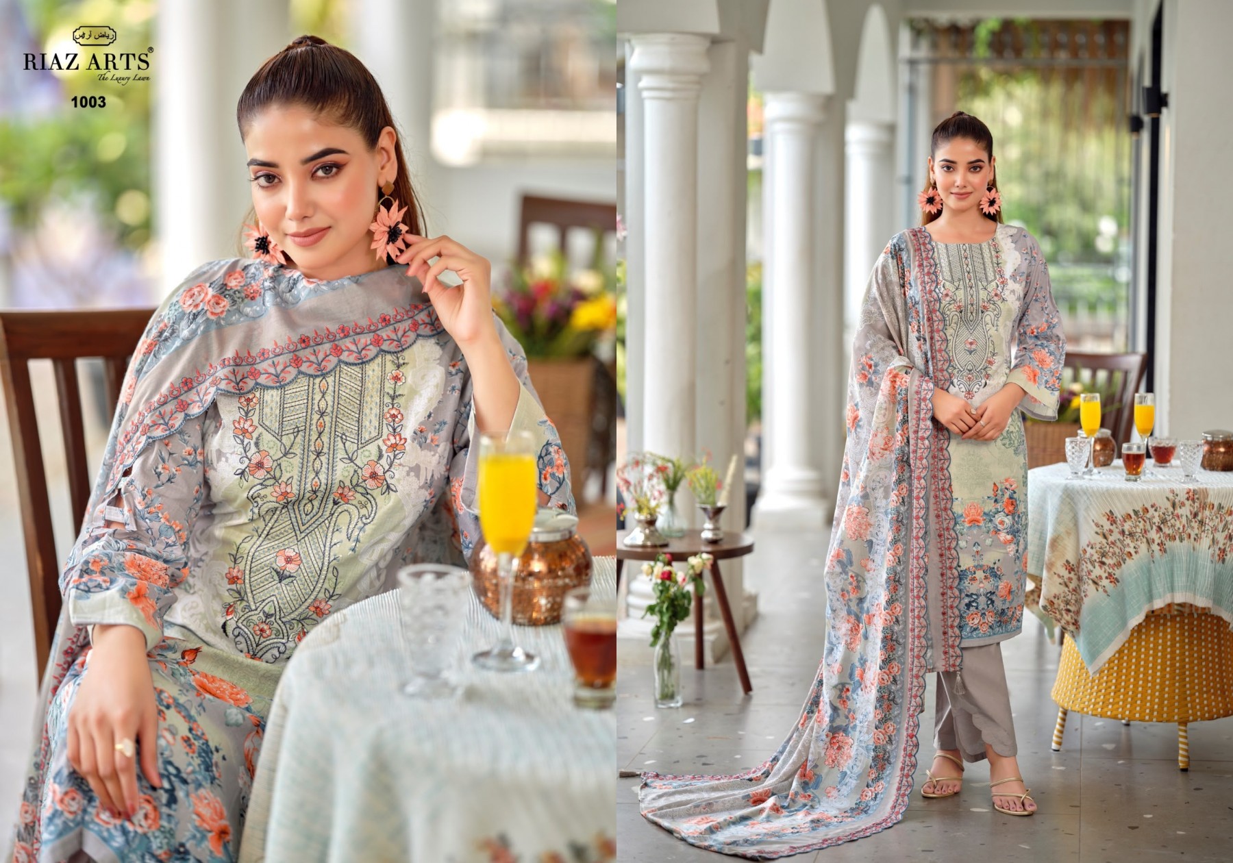 Shop RIAZ ARTS BIN SAEED PREMIUM Lawn Cotton Pakistani Suit with designer neck heavy embroidery, Cotton Dyed bottom, embroidered Pure Cotton Mal Dupatta at ₹625/-.