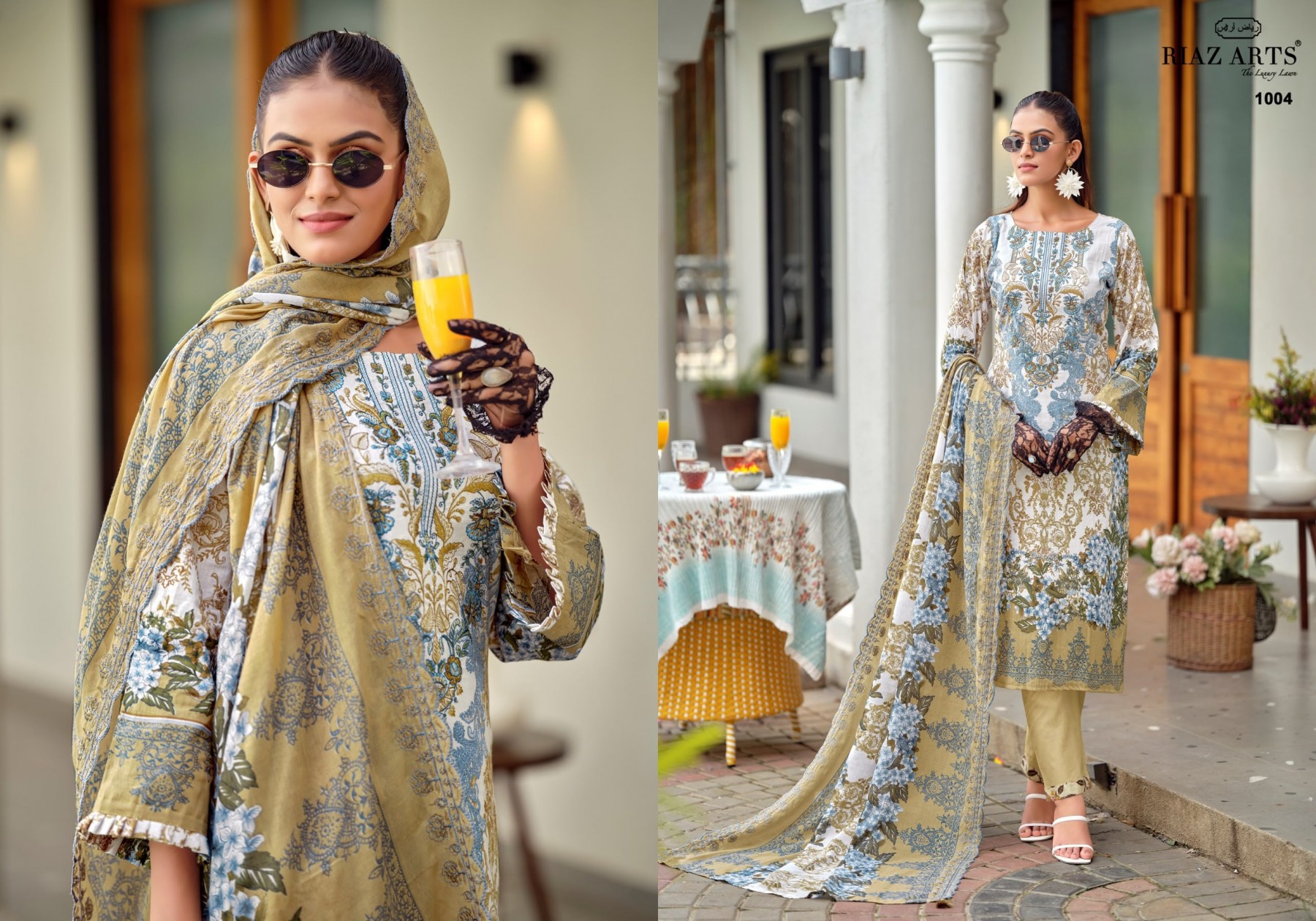 Shop RIAZ ARTS BIN SAEED PREMIUM Lawn Cotton Pakistani Suit with designer neck heavy embroidery, Cotton Dyed bottom, embroidered Pure Cotton Mal Dupatta at ₹625/-.