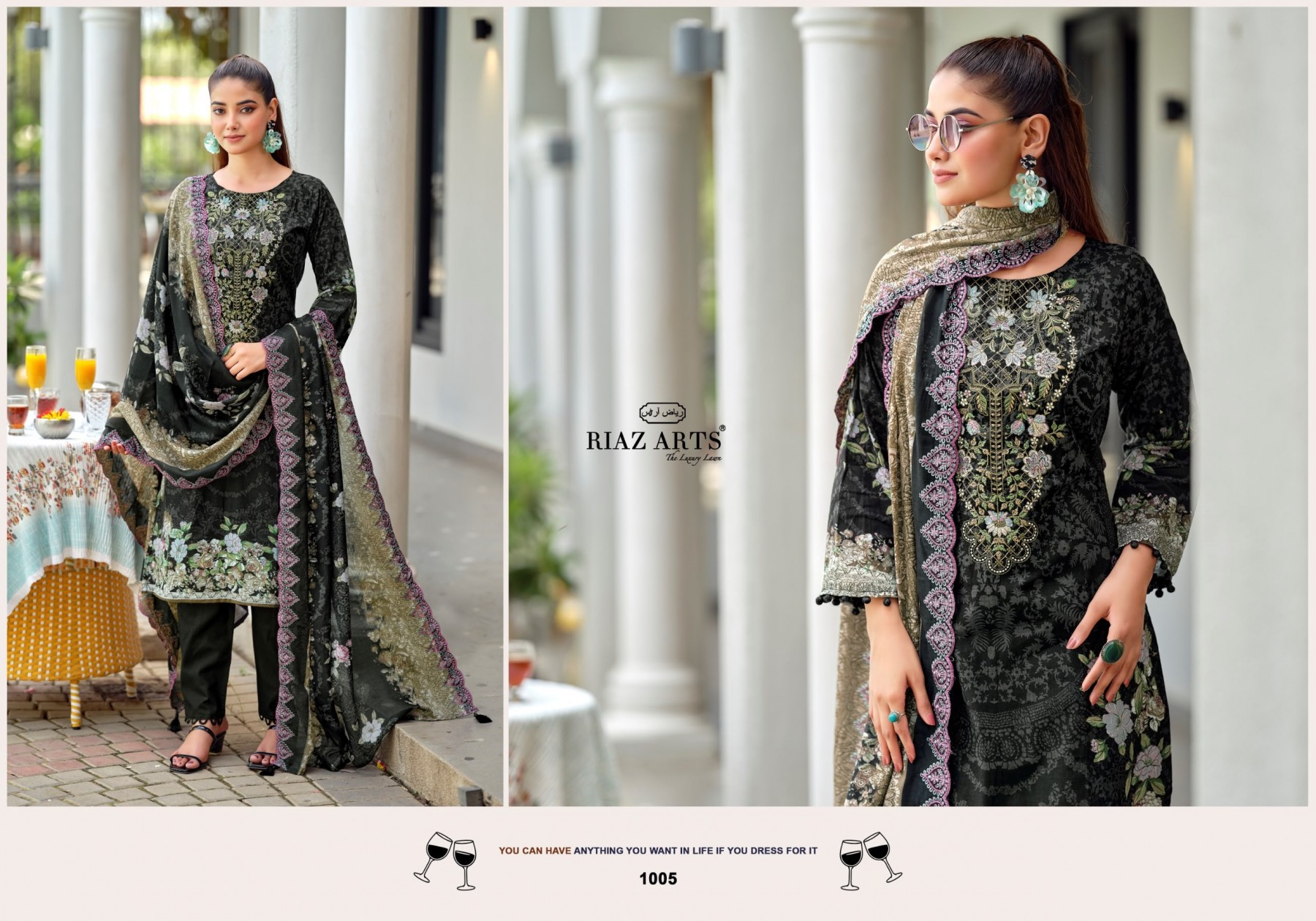 Shop RIAZ ARTS BIN SAEED PREMIUM Lawn Cotton Pakistani Suit with designer neck heavy embroidery, Cotton Dyed bottom, embroidered Pure Cotton Mal Dupatta at ₹625/-.