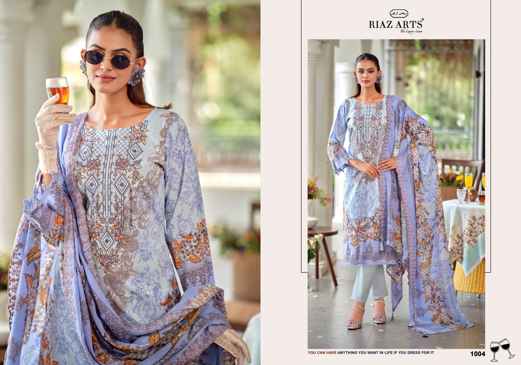 Shop RIAZ ARTS BIN SAEED PREMIUM Lawn Cotton Pakistani Suit with designer neck heavy embroidery, Cotton Dyed bottom, embroidered Pure Cotton Mal Dupatta at ₹625/-.