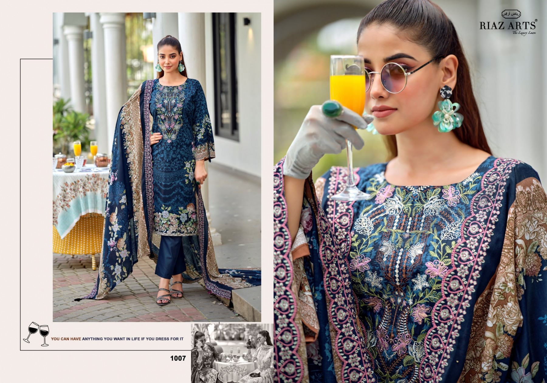 Shop RIAZ ARTS BIN SAEED PREMIUM Lawn Cotton Pakistani Suit with designer neck heavy embroidery, Cotton Dyed bottom, embroidered Pure Cotton Mal Dupatta at ₹625/-.