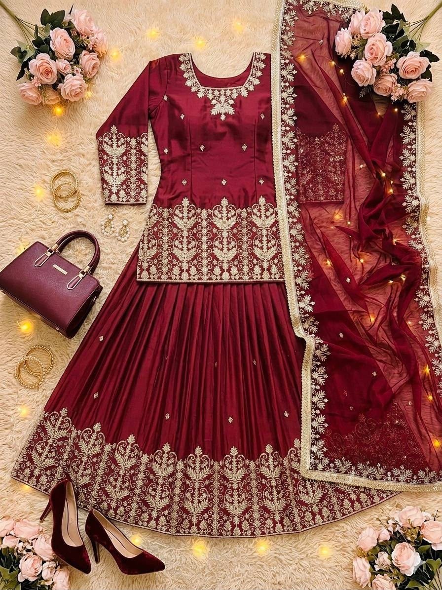 Shop MT-1075 Heavy French Silk embroidered lehenga set with sequence, real mirror hand work, Micro Cotton inner and lace border dupatta at ₹1,499.
