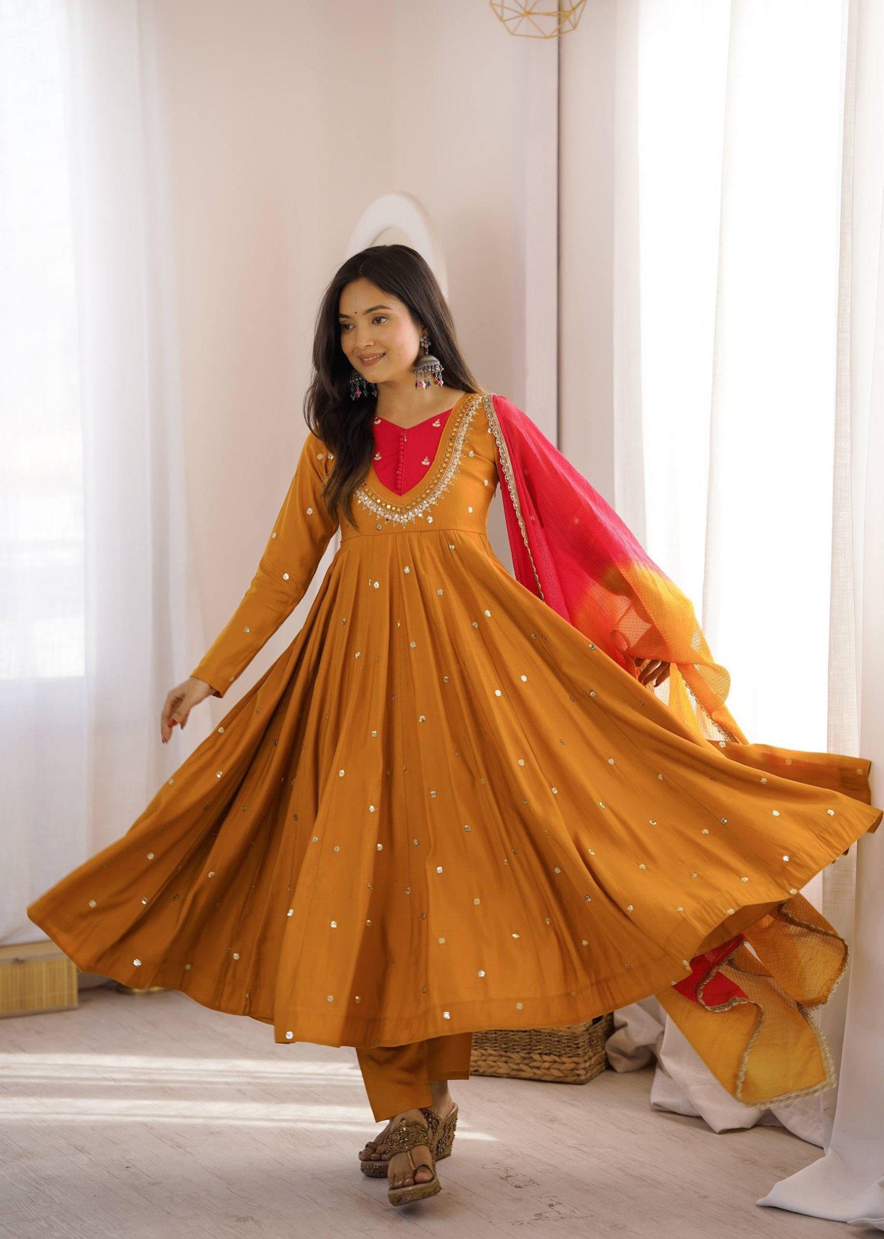 ZF-5023 | Roman Silk Mirror Work Anarkali Collection