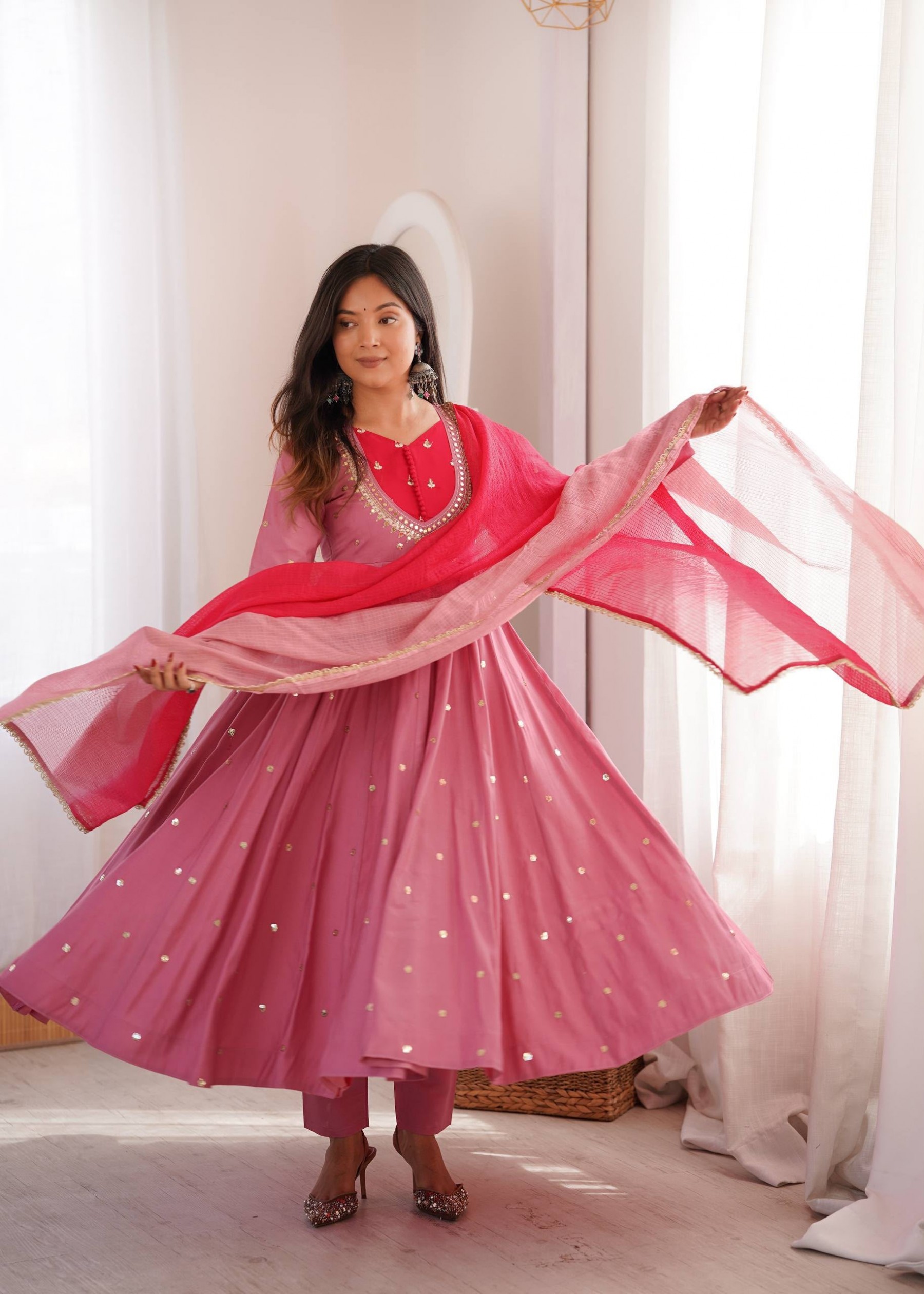 ZF-5023 | Roman Silk Mirror Work Anarkali Collection