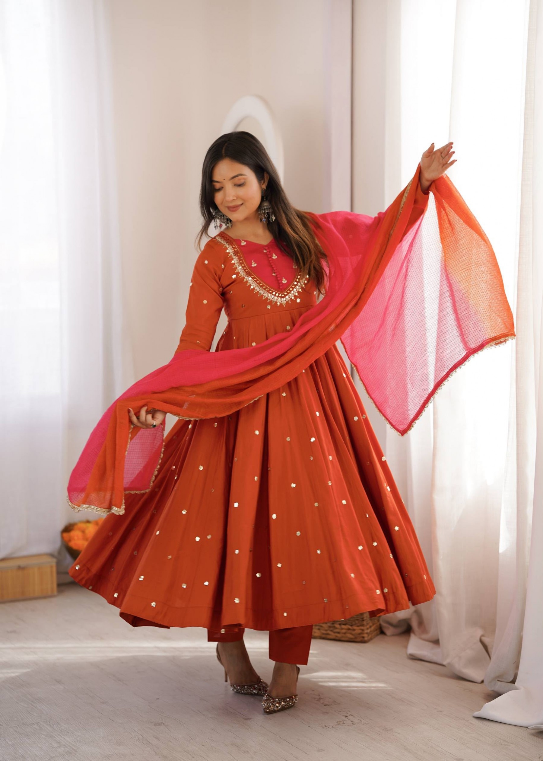 ZF-5023 | Roman Silk Mirror Work Anarkali Collection