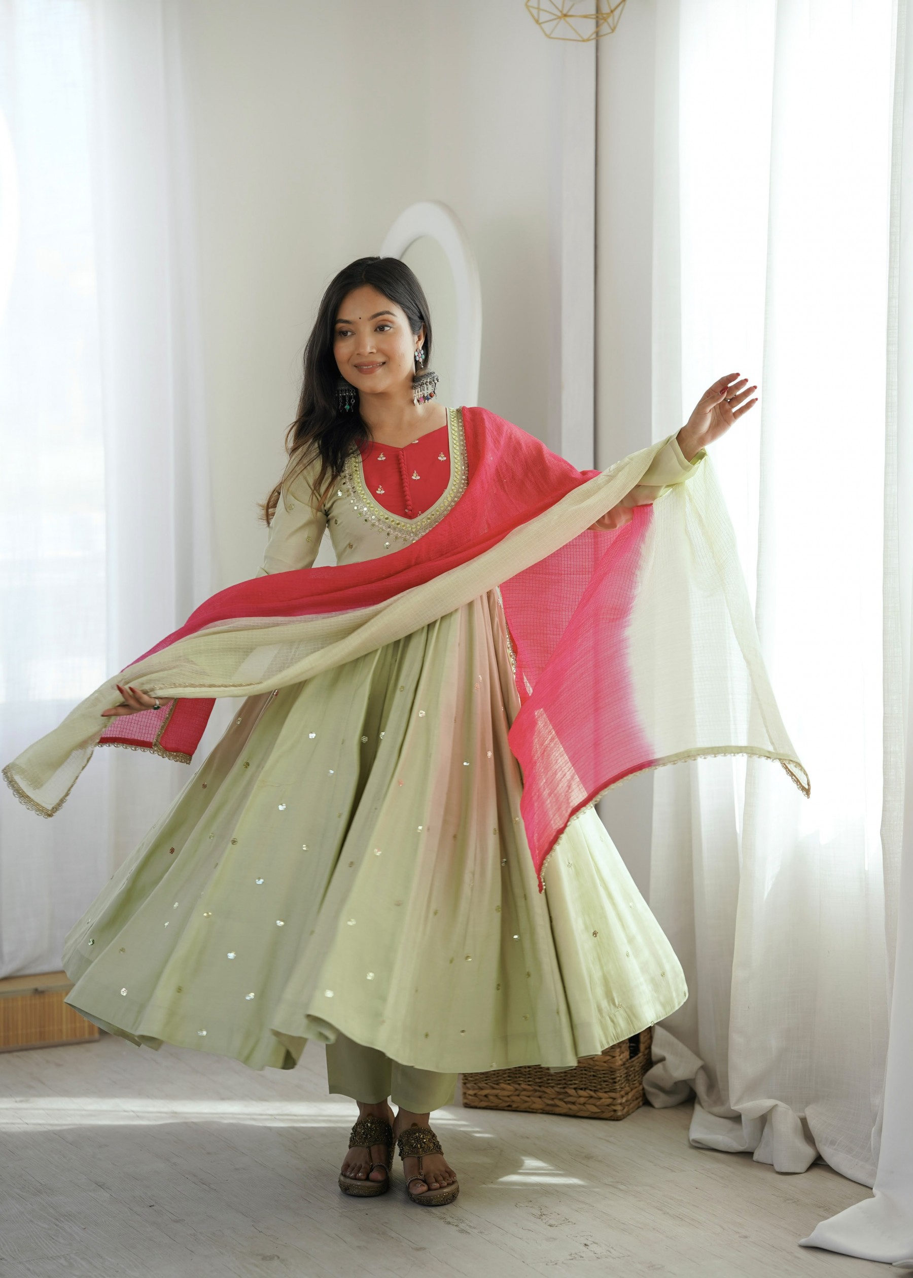 ZF-5023 | Roman Silk Mirror Work Anarkali Collection