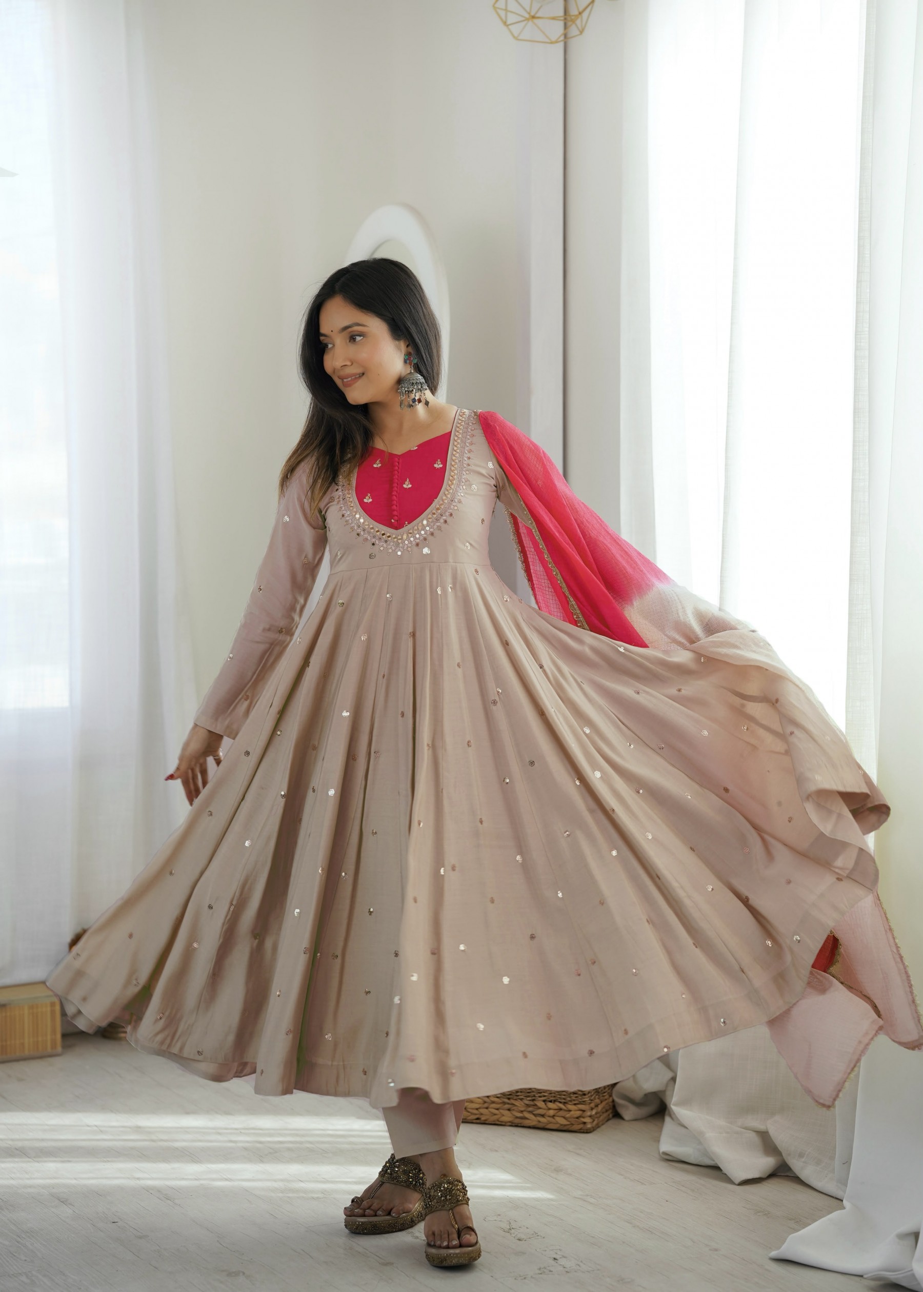 ZF-5023 | Roman Silk Mirror Work Anarkali Collection