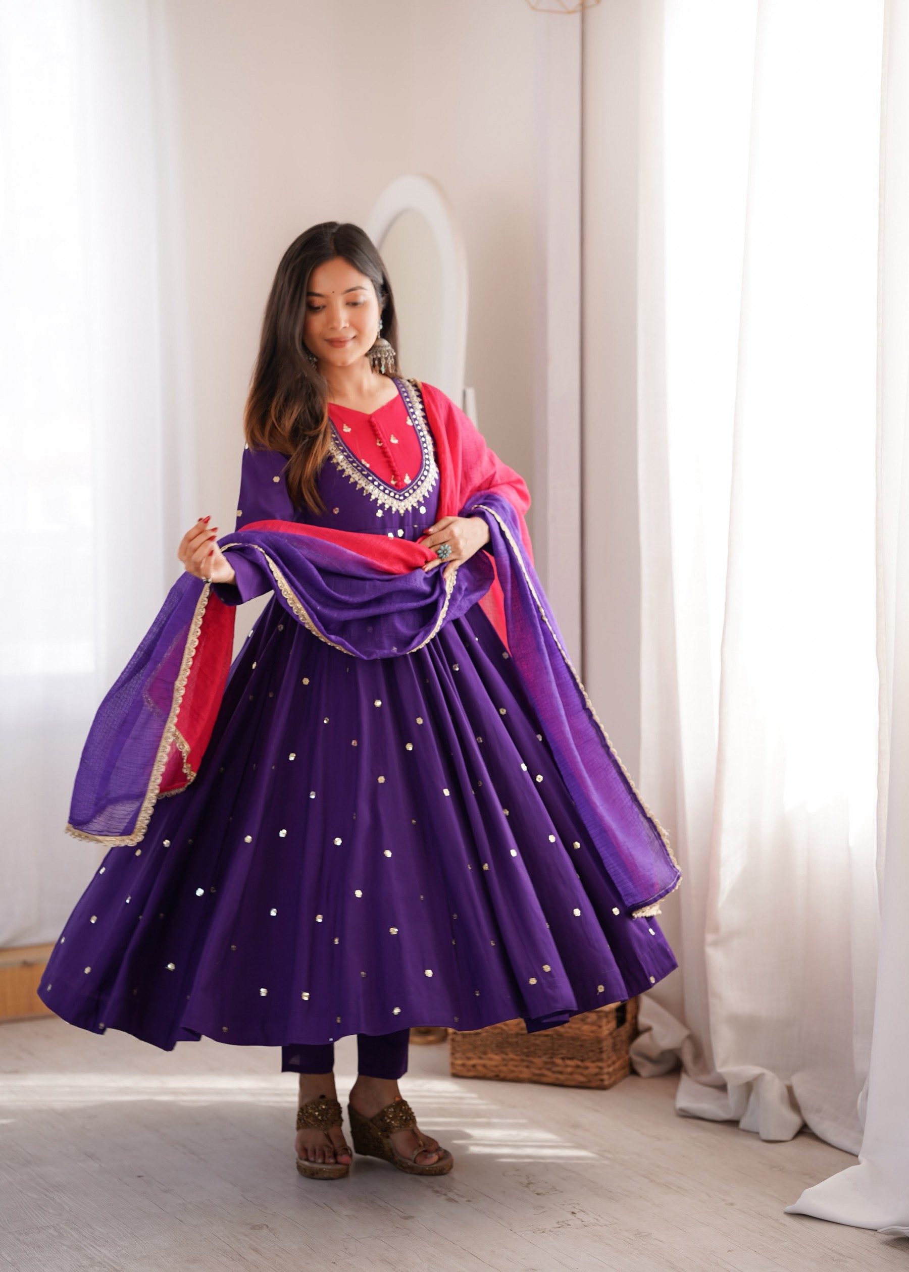 ZF-5023 | Roman Silk Mirror Work Anarkali Collection
