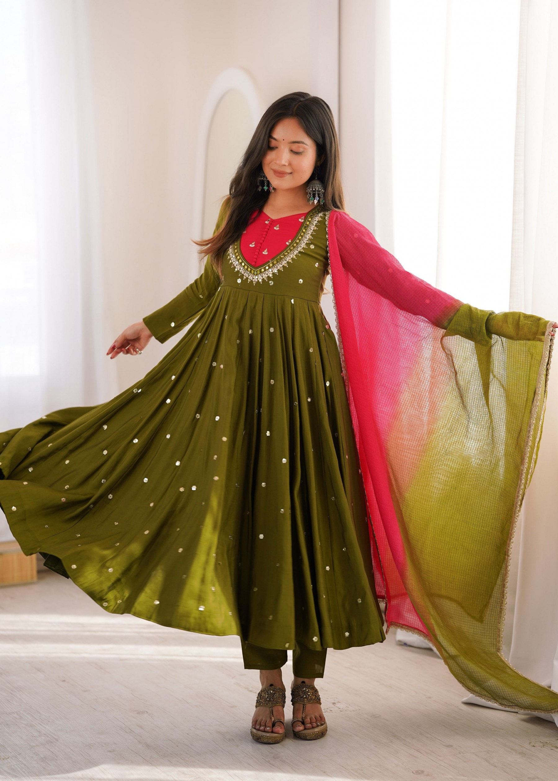ZF-5023 | Roman Silk Mirror Work Anarkali Collection