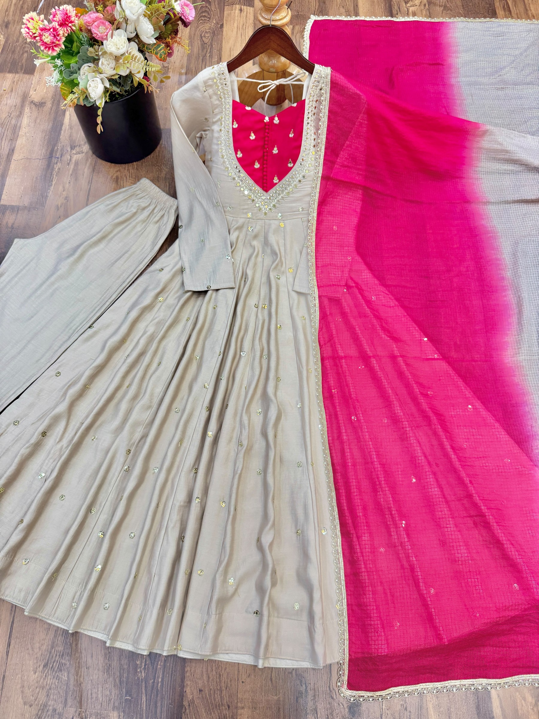 ZF-5023 | Roman Silk Mirror Work Anarkali Collection
