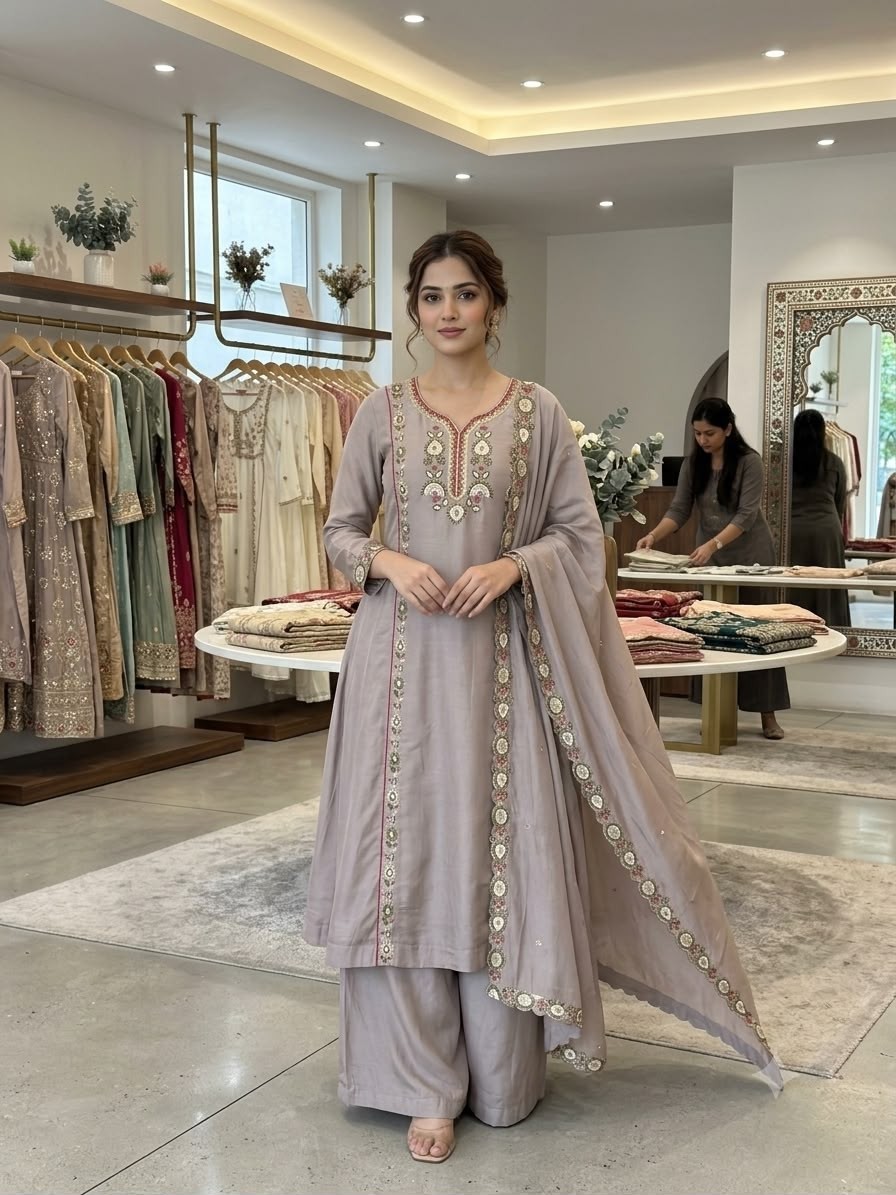 LG-2149 | Mul Chanderi Sequence Embroidered Festive Set