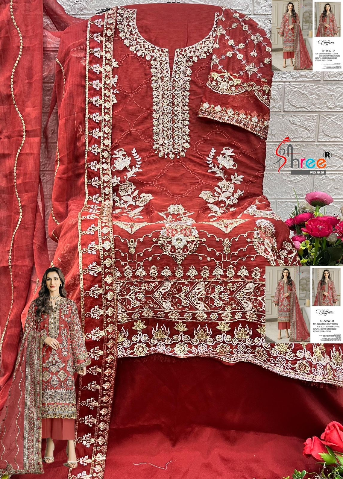 S-5557 Color | Heavy Chiffon Hand Khatli Collection