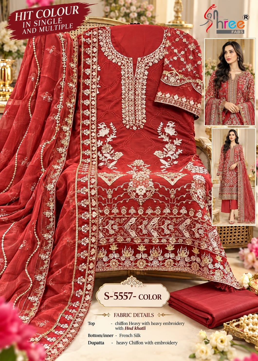 S-5557 Color | Heavy Chiffon Hand Khatli Collection
