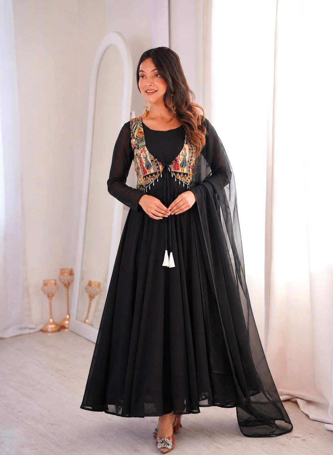 Shop JD-653 Heavy Faux Georgette Anarkali gown with 4-meter flair, designer position-work Koti, matching bottom and dupatta. Fully stitched at ₹1,249/-.