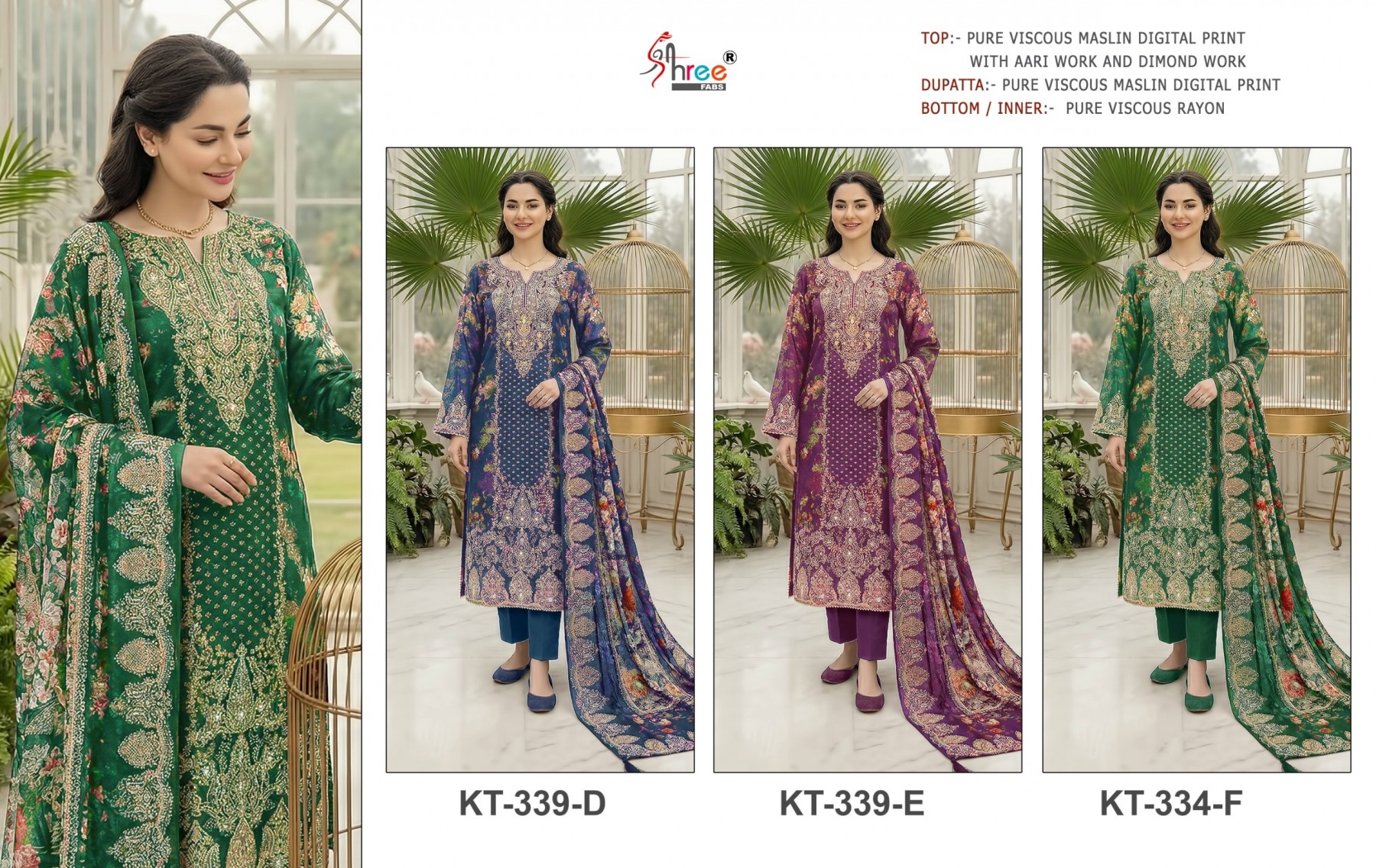 Shop KT-338 D.E.F Viscose Maslin digital print suit with hand work, rayon bottom and matching dupatta. Special pouch packing at ₹1,199 + GST.