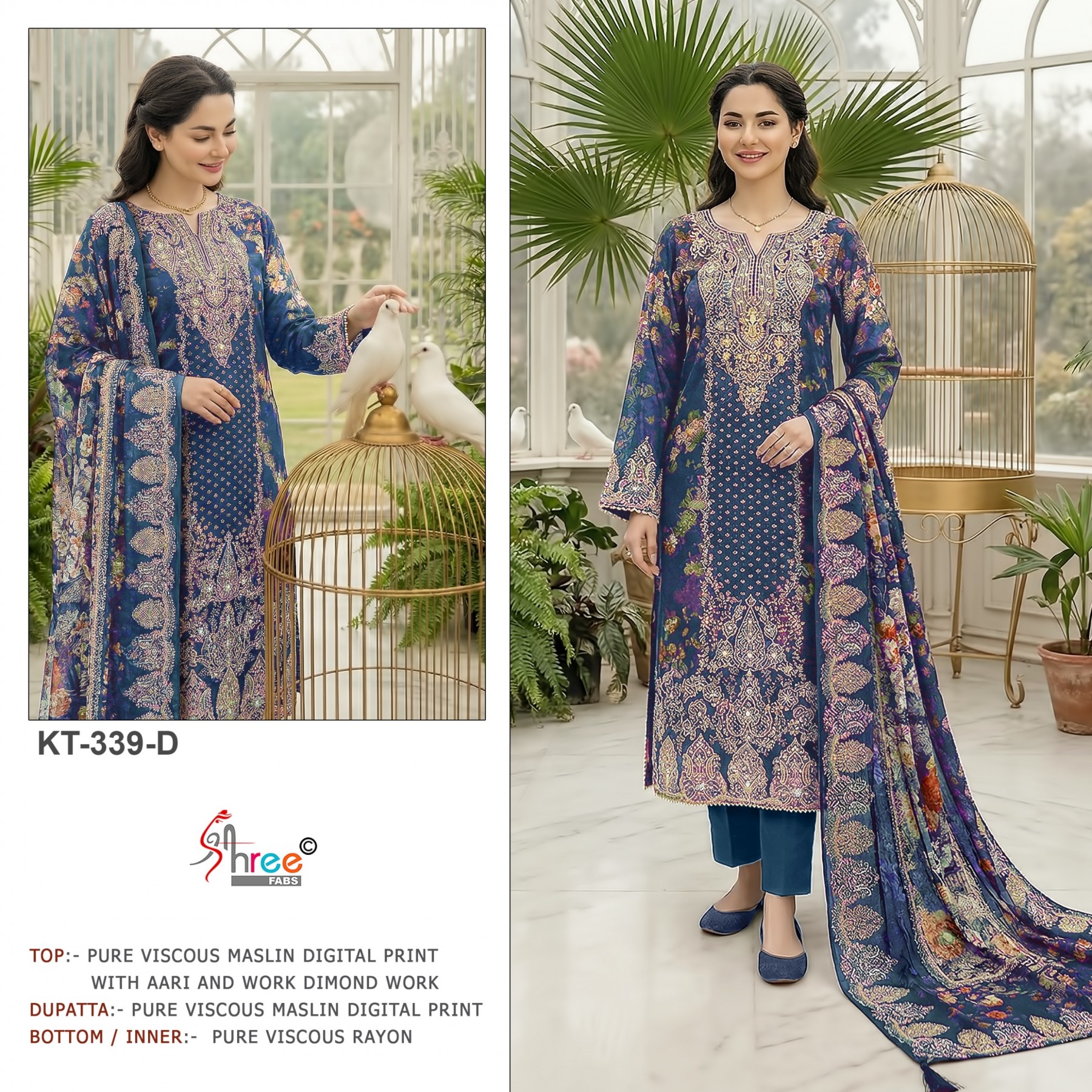 Shop KT-338 D.E.F Viscose Maslin digital print suit with hand work, rayon bottom and matching dupatta. Special pouch packing at ₹1,199 + GST.