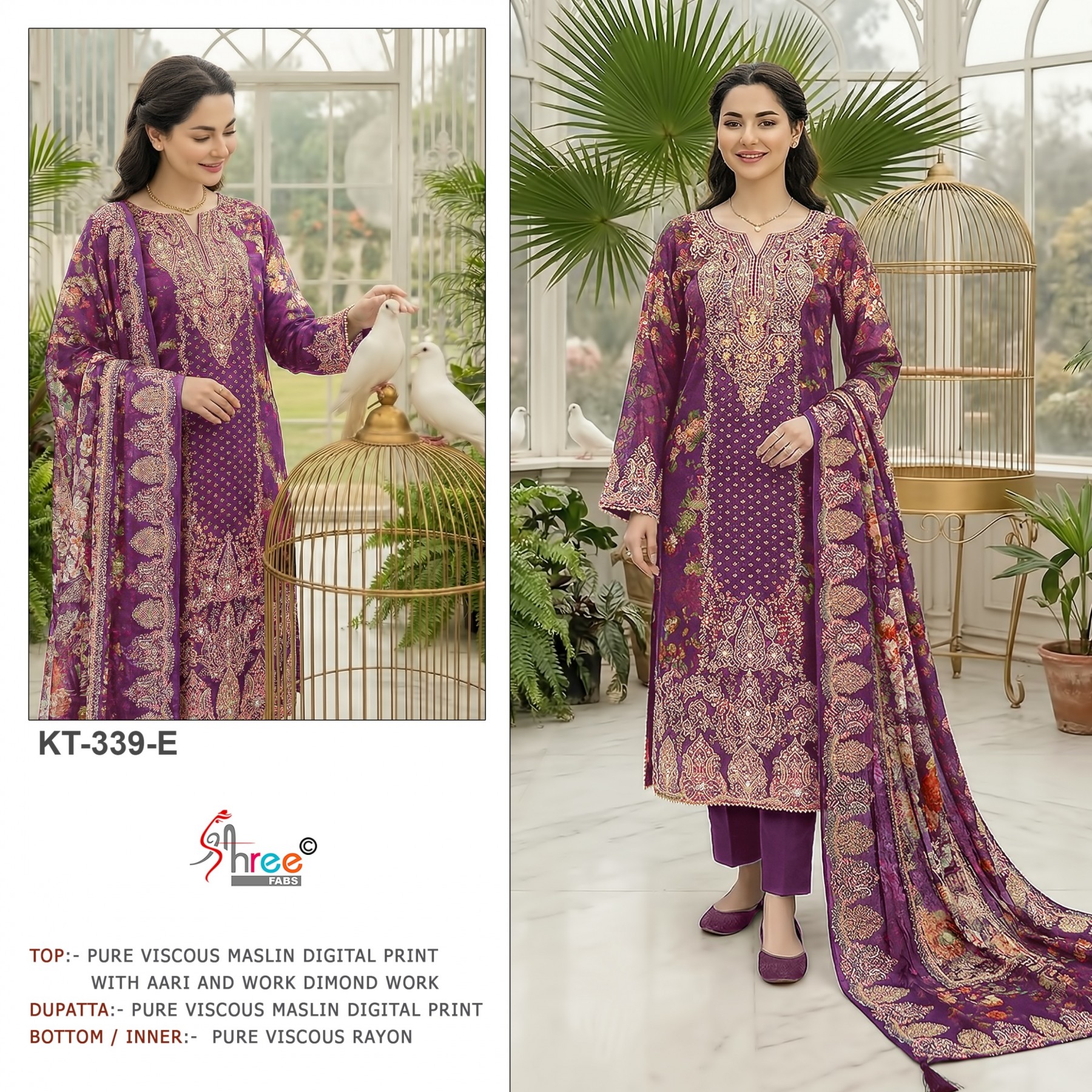 Shop KT-338 D.E.F Viscose Maslin digital print suit with hand work, rayon bottom and matching dupatta. Special pouch packing at ₹1,199 + GST.