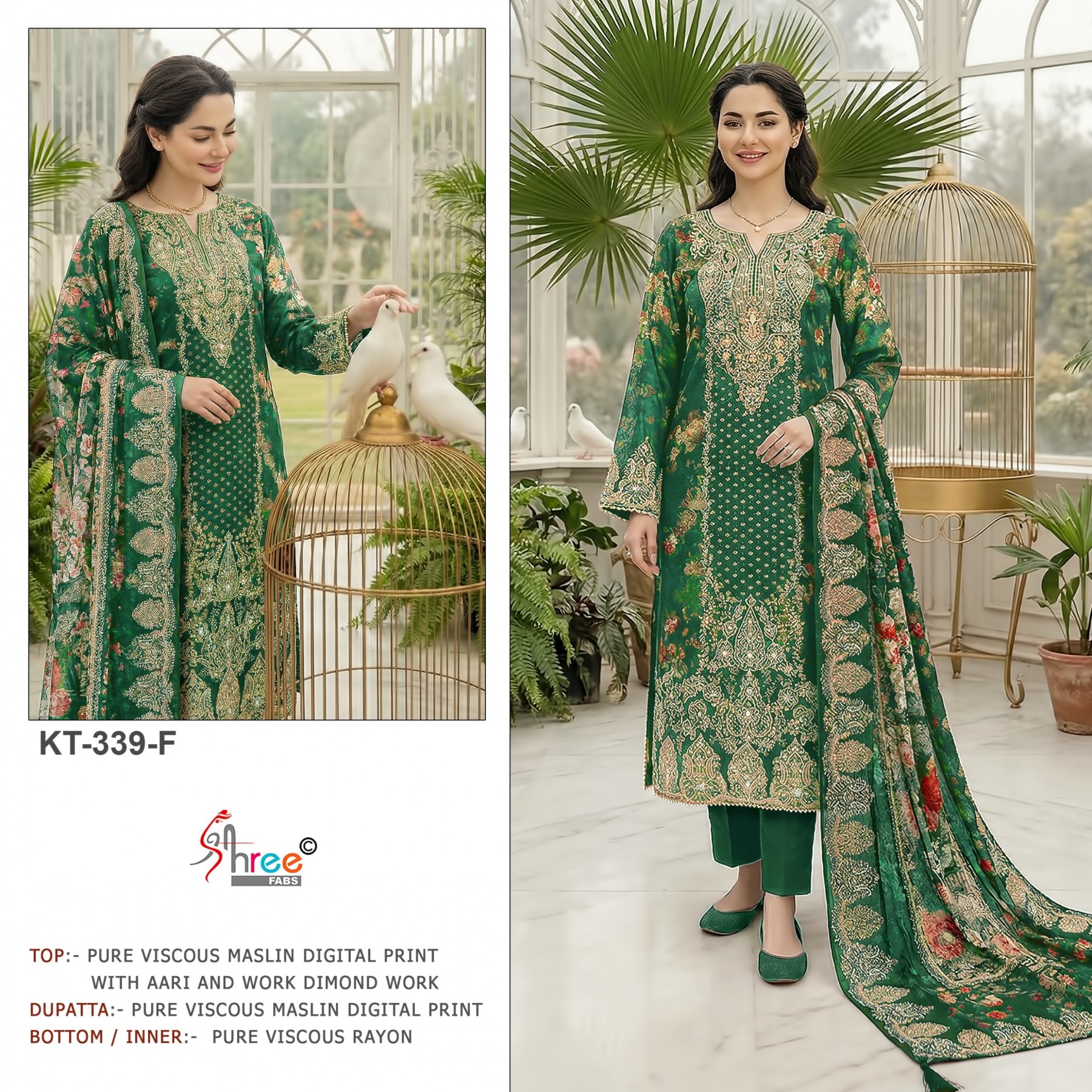 Shop KT-338 D.E.F Viscose Maslin digital print suit with hand work, rayon bottom and matching dupatta. Special pouch packing at ₹1,199 + GST.