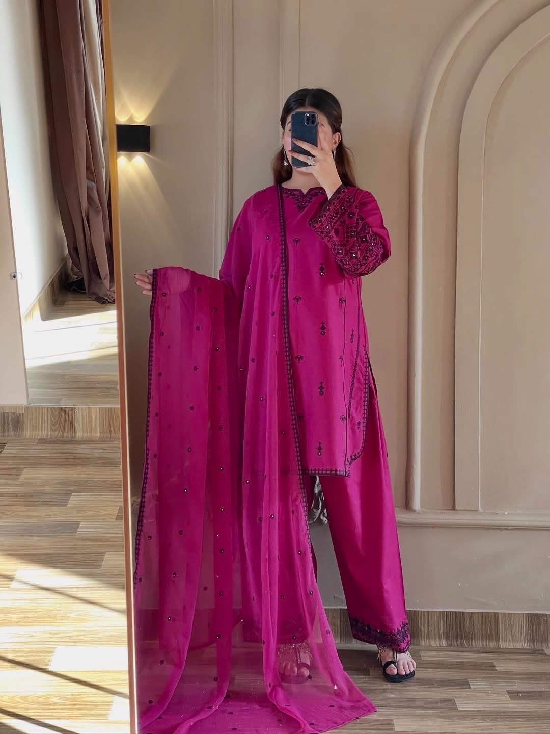 JF-047 Rayon Cotton Embroidered Farshi Pant Suit