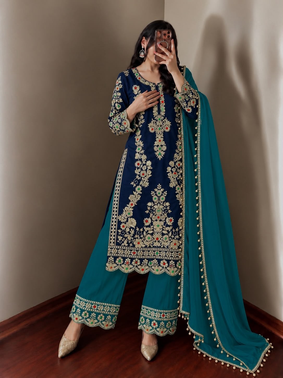 JD-659 Pure Natural Crepe Silk Kundan Embroidered Collection