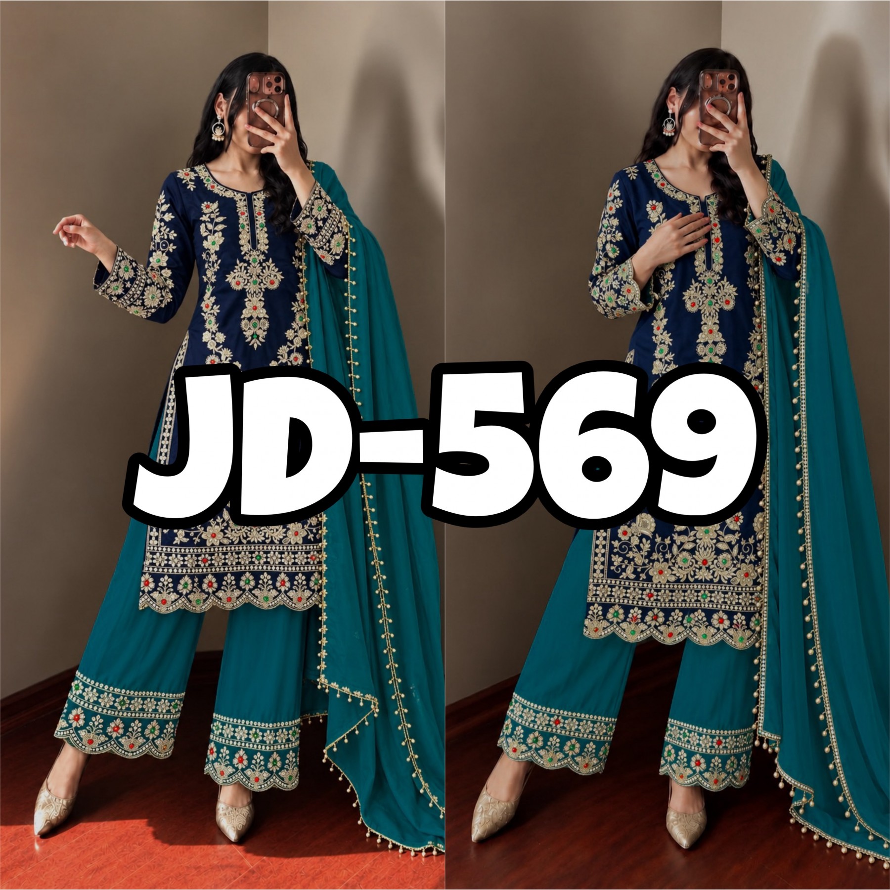 JD-659 Pure Natural Crepe Silk Kundan Embroidered Collection